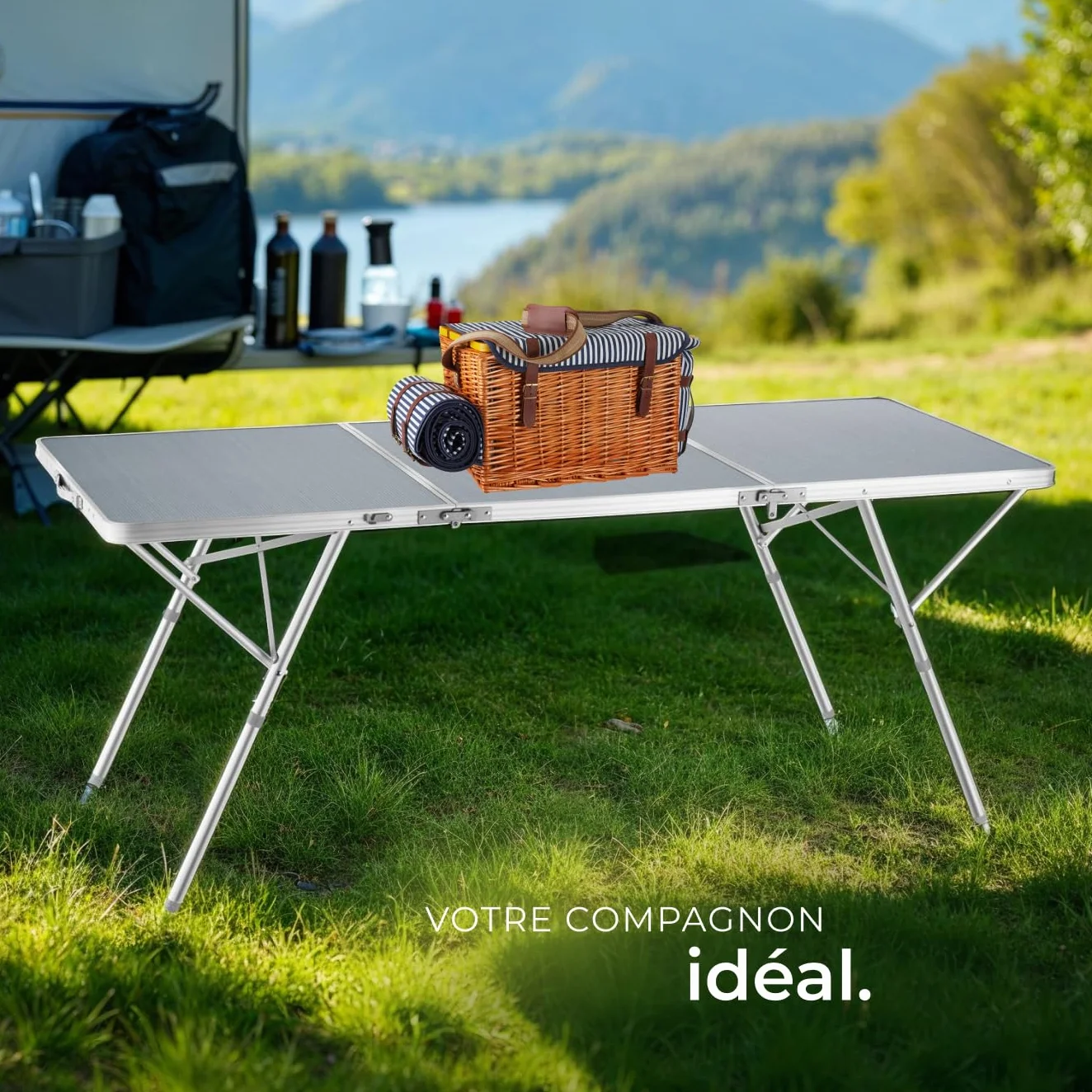 Tectake Table Pliante de Pique Nique Camping Aluminium INOX 180x70x70cm Réglable en Hauteur