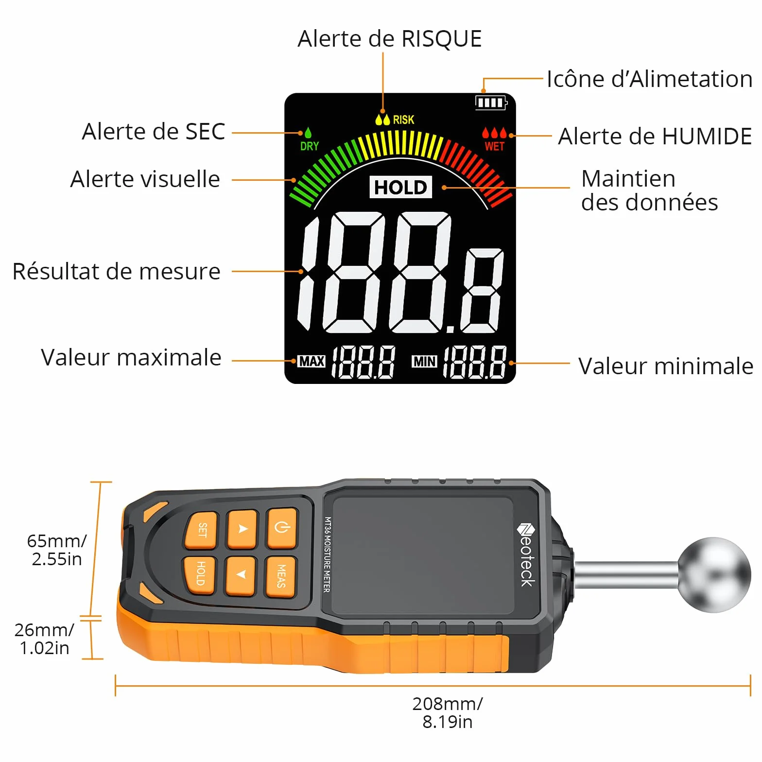 Neoteck Humidimètre Non Destructif USB Rechargeable Profondeur 5-40mm Détecteur Humidité avec Alarme Sonore pour Murs Bois Béton