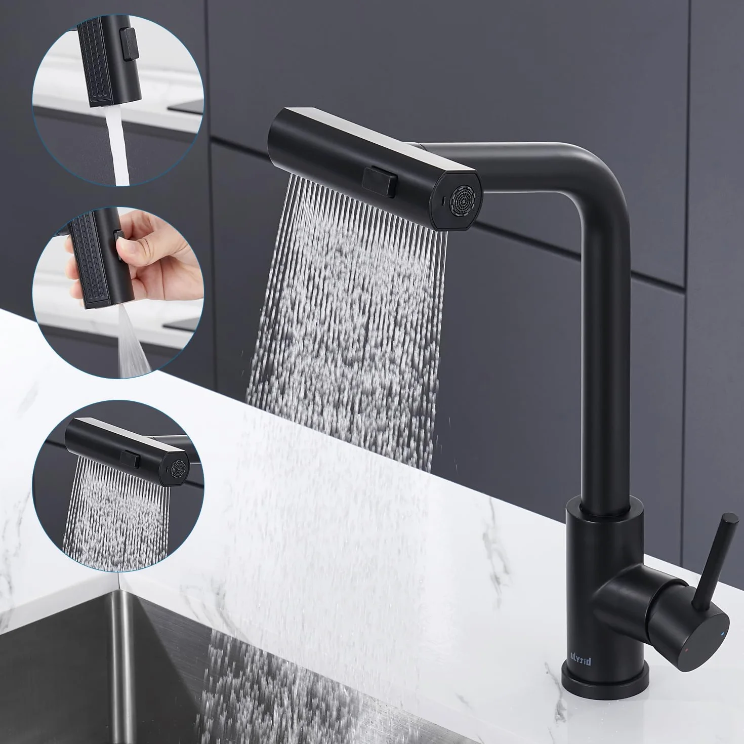 Mitigeur Cuisine Noir Cascade, Douchette Extractible 3 Modes, Robinetterie Evier Escamotable Rotatif 360° Acier Inoxydable