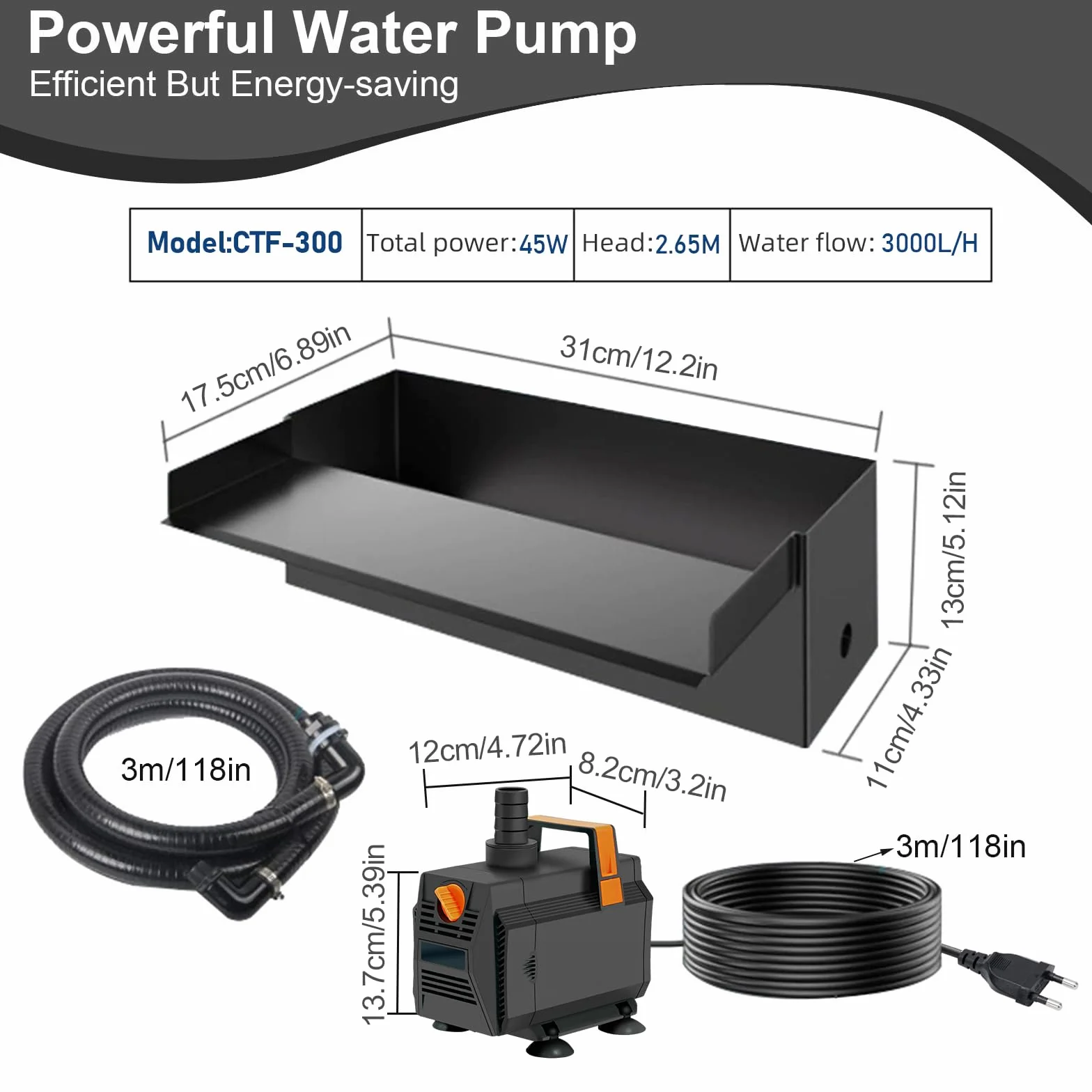 Cascade 30 cm pour Bassin de Jardin, Bac en Acier Inoxydable 304 avec Pompe 45W 3000 L/h et Tuyau 3m