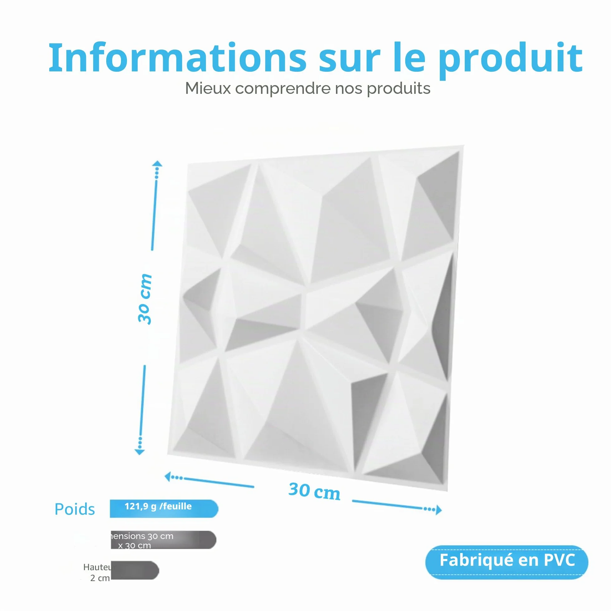 Art3d Lot de 33 panneaux muraux décoratifs 3D en forme de diamant, Blanc mat 30,5 x 30,5cm, PVC imperméable