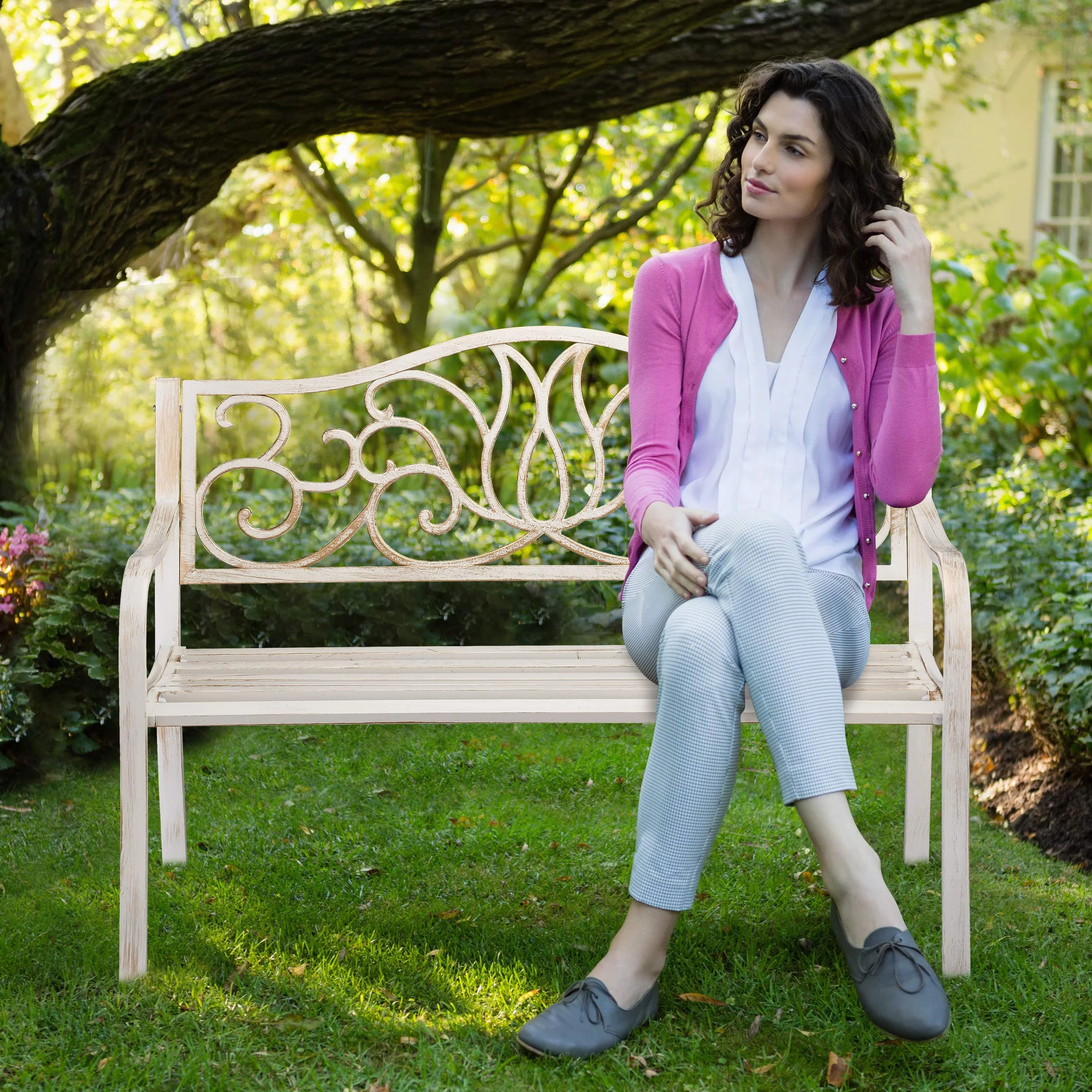 Relaxdays Banc Jardin Antique, 2 Personnes, Balcon, terrasse, métal, HLP : 90 x 127,5 x 63cm, Acier, Fonte, Blanc-Bronze