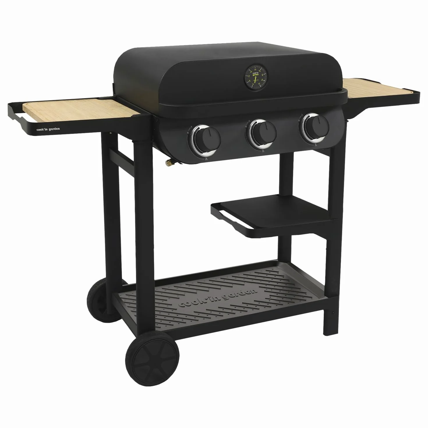 Cook’in Garden - Barbecue Gaz FLAVO 60 sur Chariot, 3 Brûleurs, Fonction Grill et Plancha, Structure Métal, Cuve Acier, Allumage Facile, Capot avec Thermomètre, Idéal Terrasse Extérieur Jardin