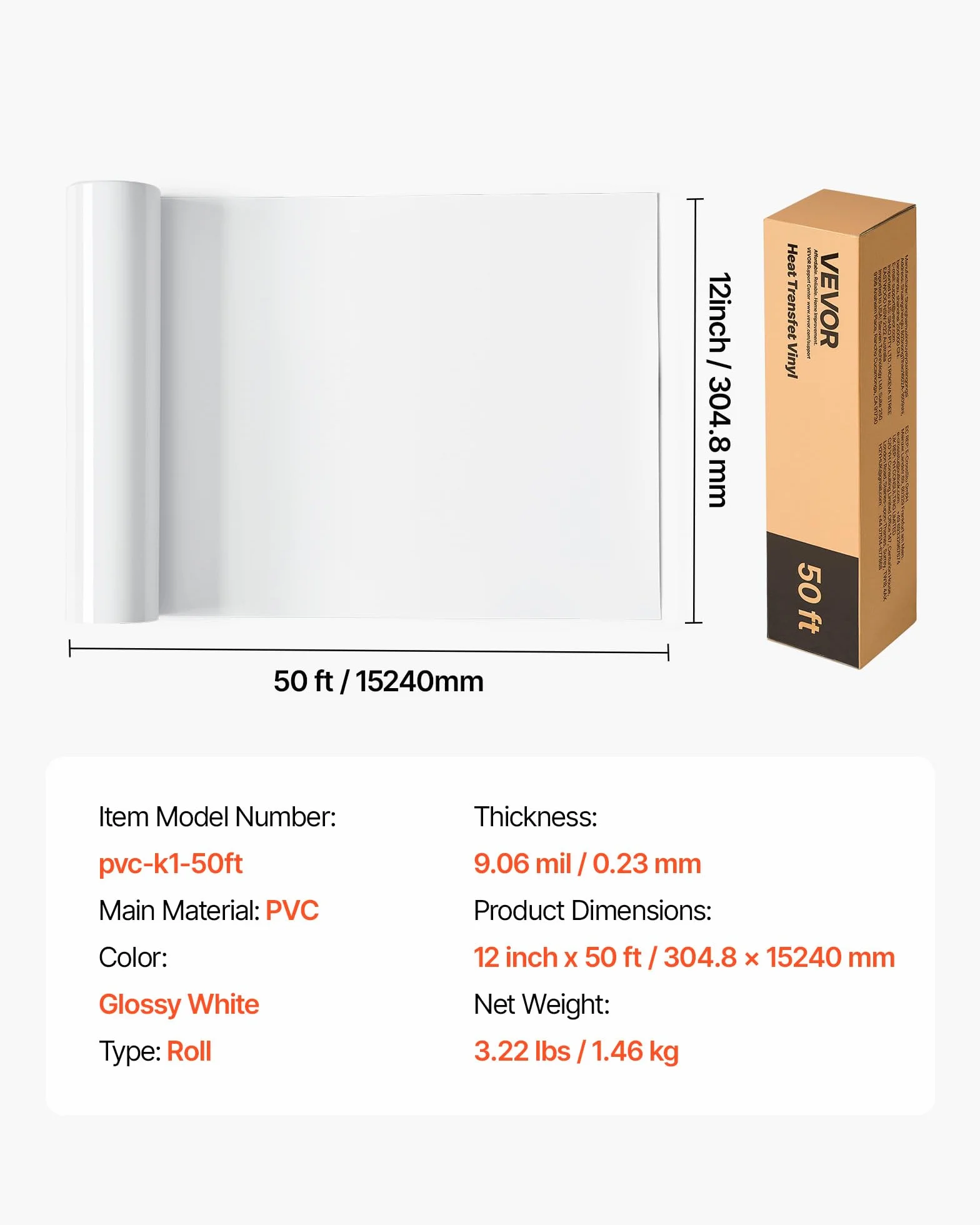 VEVOR Rouleau Vinyle Thermocollant Blanc Brillant 30,48x1524 cm, Flex HTV Facile à Découper et Désherber, Forte Adhérence, Compatible Machine Découpe