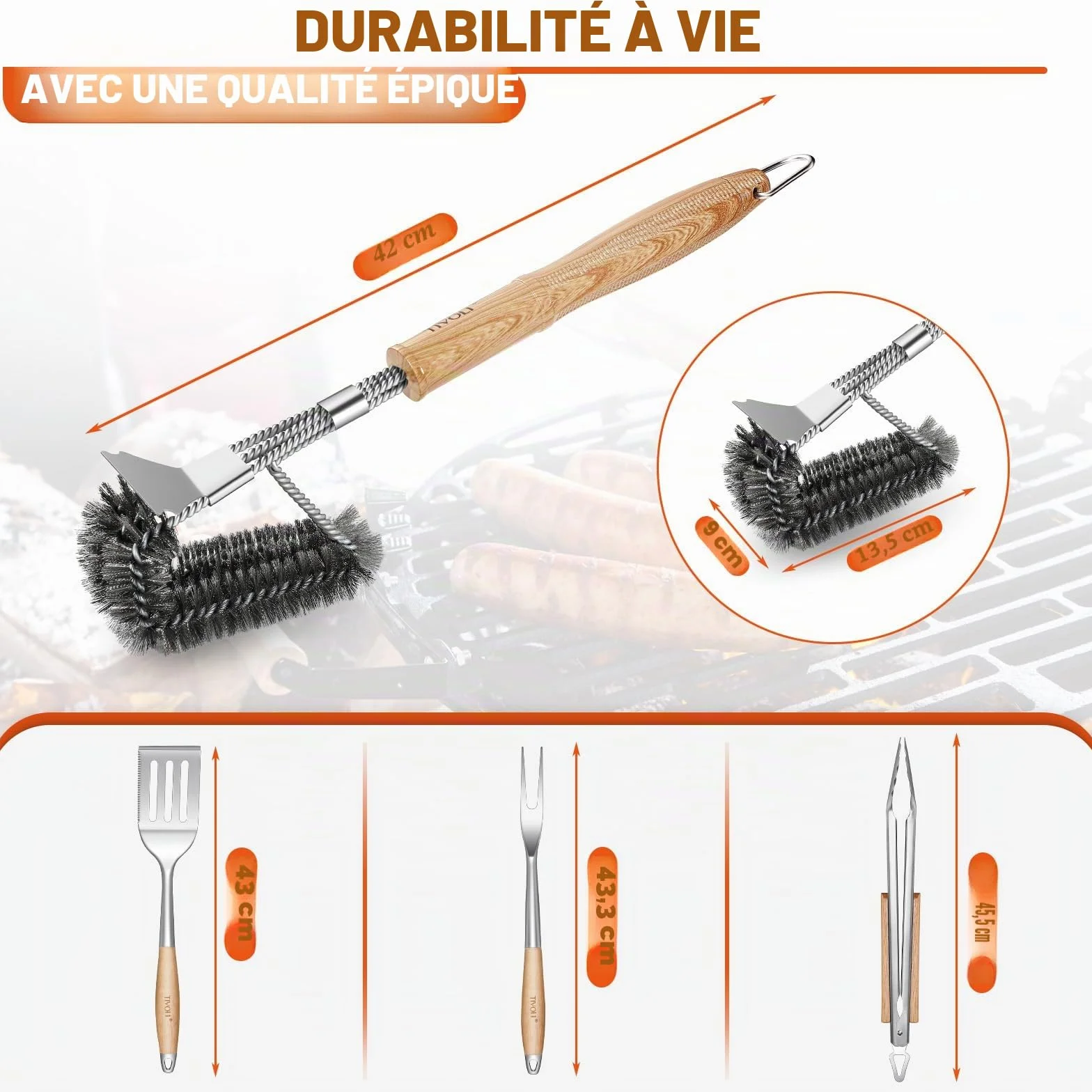 TIVOLI Lot de 4 ustensiles de barbecue en acier inoxydable avec poignées en bois