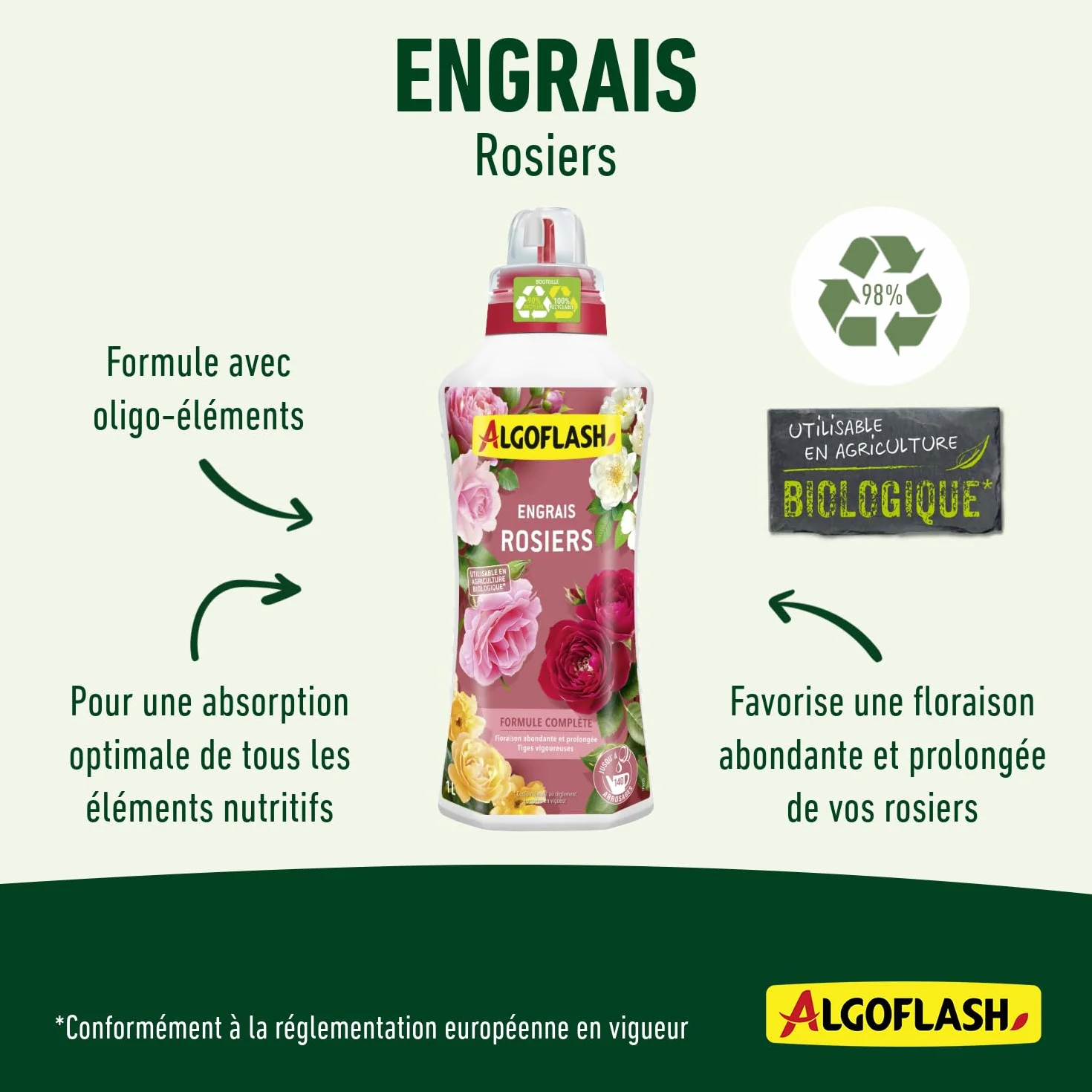Algoflash Engrais Liquide Rosiers, Utilisable en Agriculture Biologique - 1 L, Marron