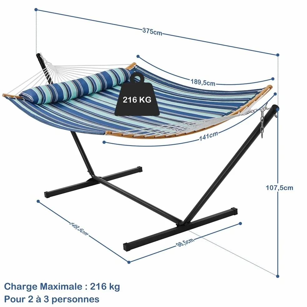 Yaheetech Hamac avec Support en Métal Hamac sur Pied pour 2 Personnes Toile avec Barre Oreiller Sac de Transport pour Extérieur Intérieur Jardin Terrasse Charge 216 kg
