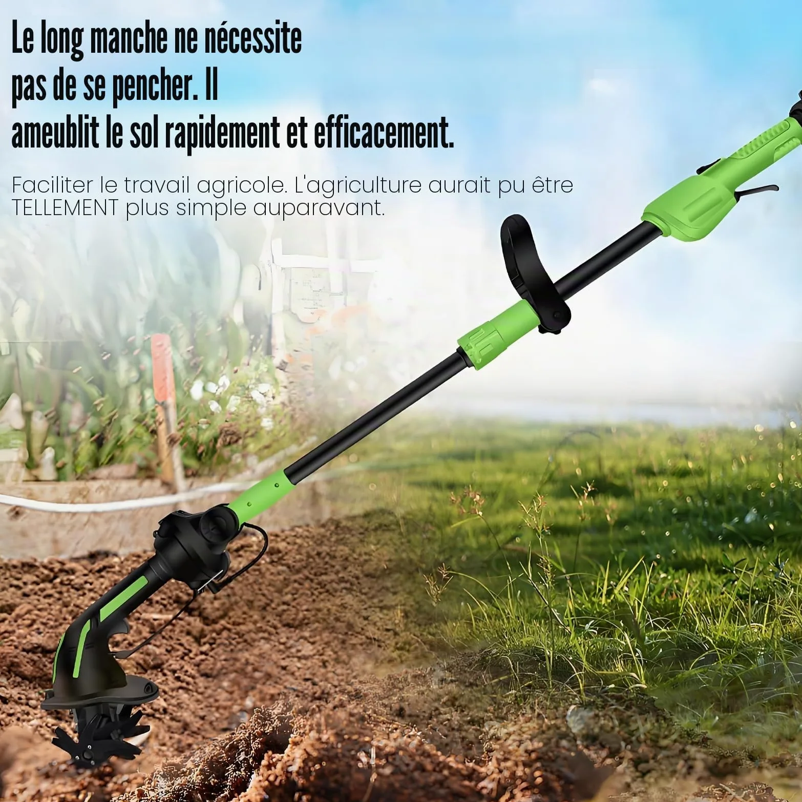 Motobineuse Electrique 650 W, Mini Motobineuse avec Batterie 3000 mAh, Tige de 1,3 m,Largeur de Travail 10 cm, Profondeur de Travail 10 cm pour Ameublir Terre Jardin et Verger (2 Batteries)