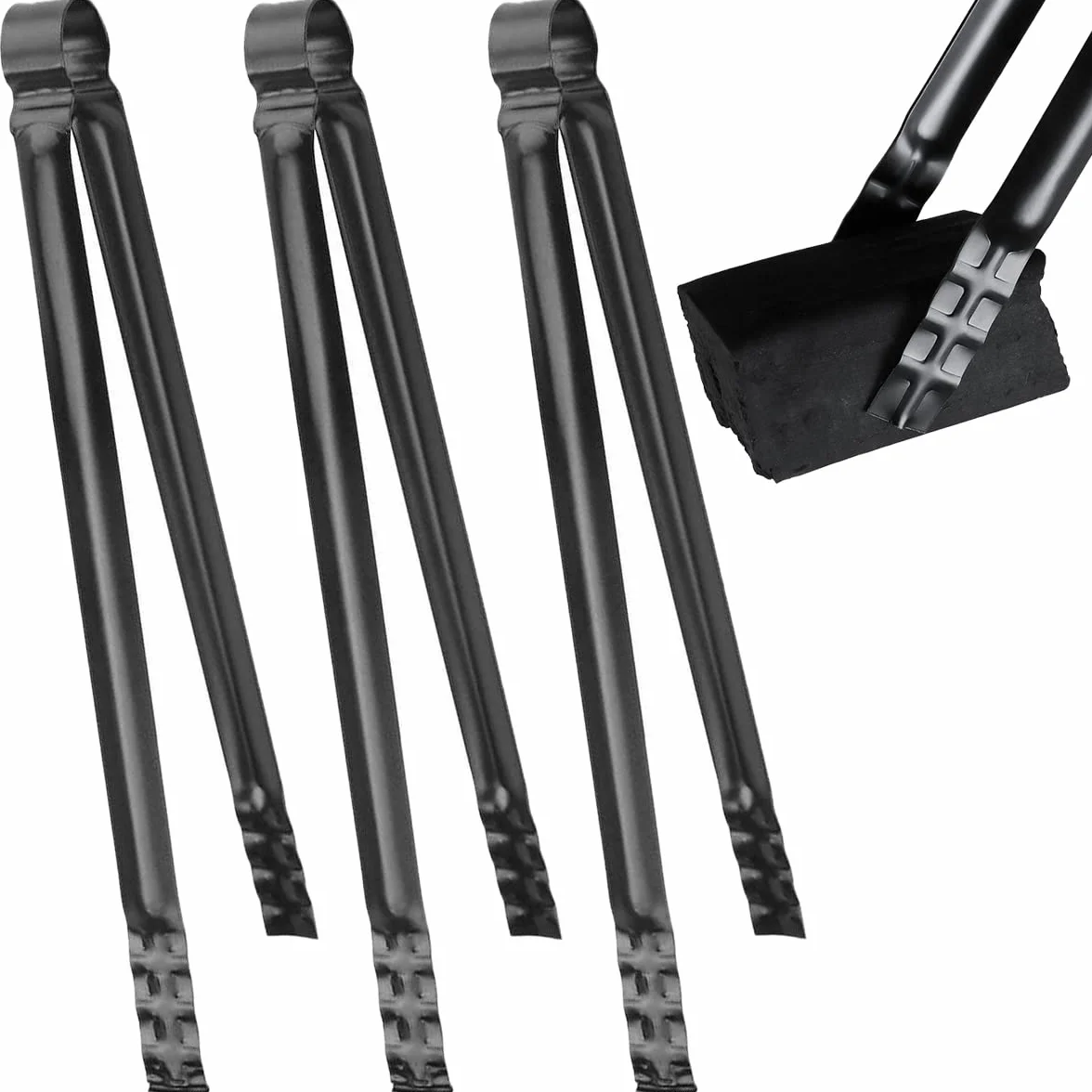 Pince à Charbon,Forreen 3 Pièces Pince Barbecue Longue Métal Professionnel Multifonctionnelles Pinces à Briquettes avec Poignée Anti-Brûlure pour Barbecue Plein Air Cheminée,Noir