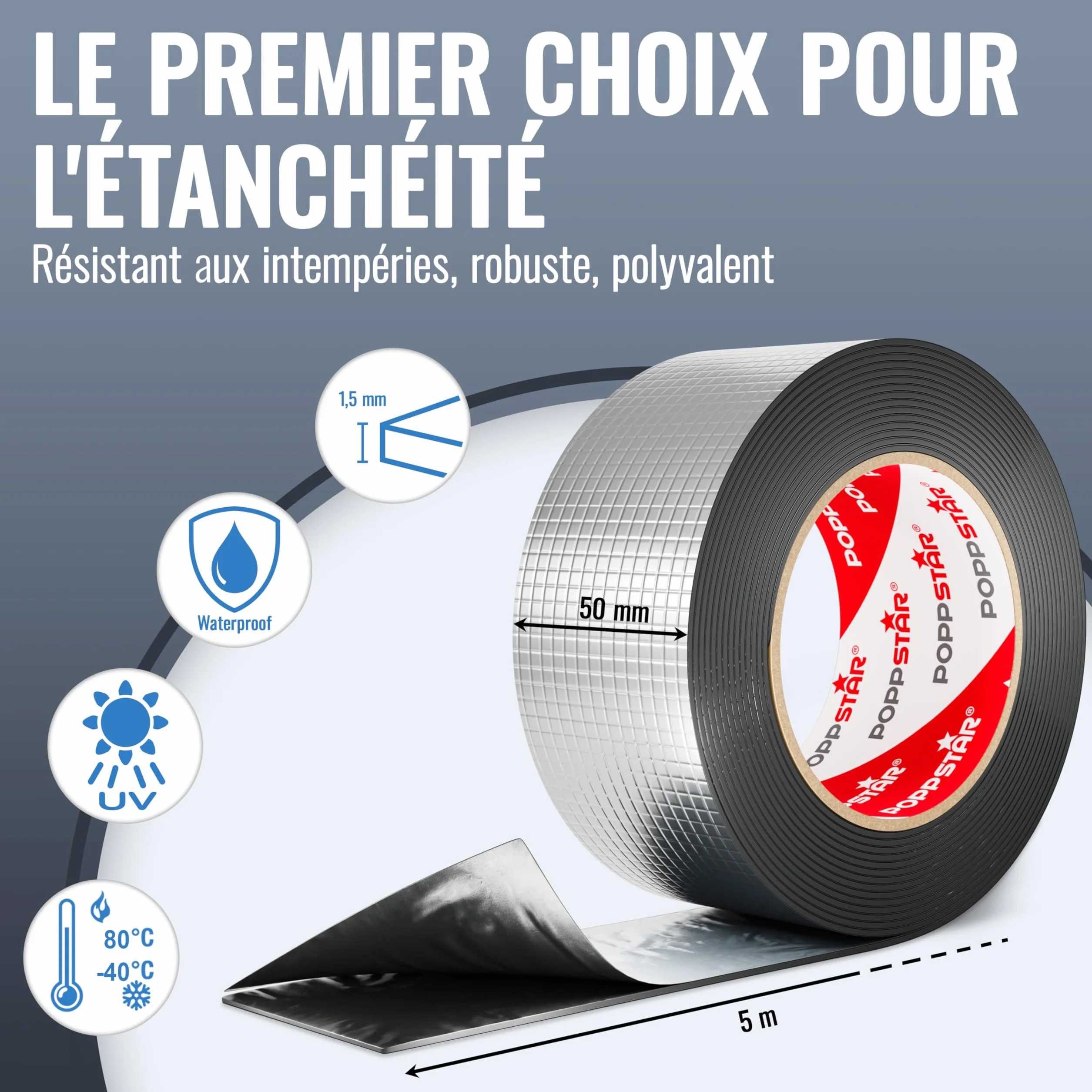 POPPSTAR Ruban d'étanchéité Butyle pour toiture 5 m x 50 mm x 1,5 mm Bande de solin aluminium