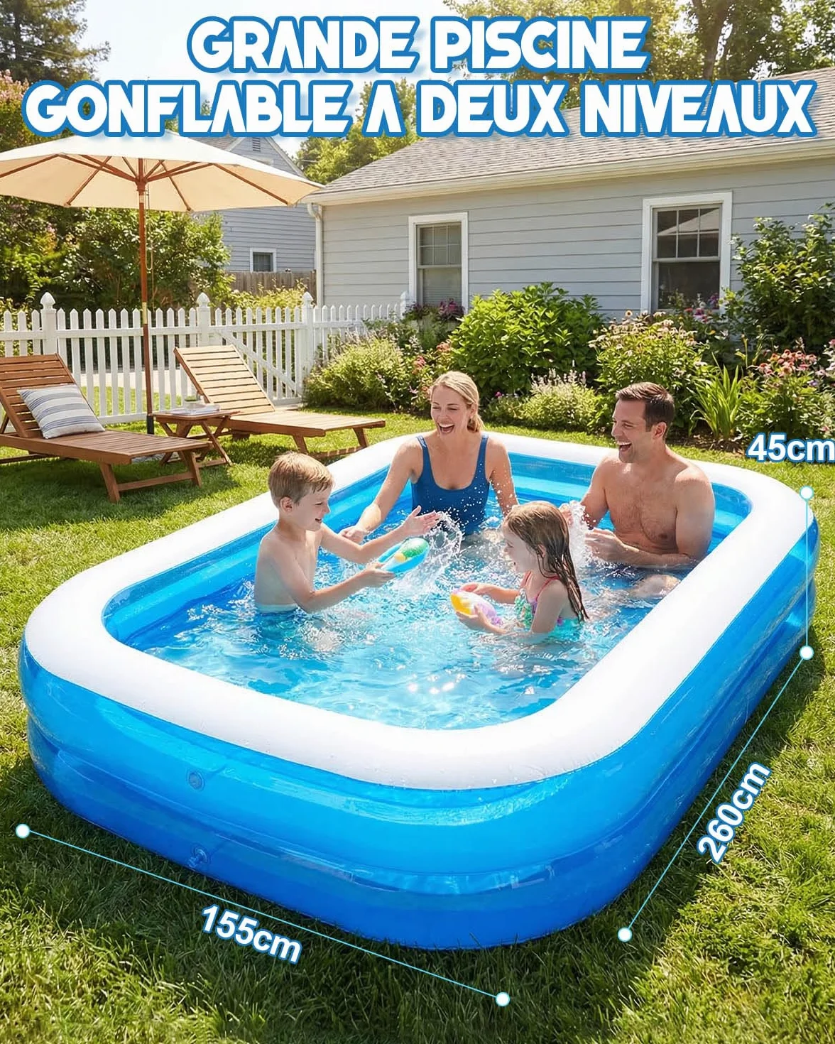 Piscine Gonflable 260x155x45 cm Rectangulaire pour Enfants Adultes Extérieure Jardin Bassin 2,6M