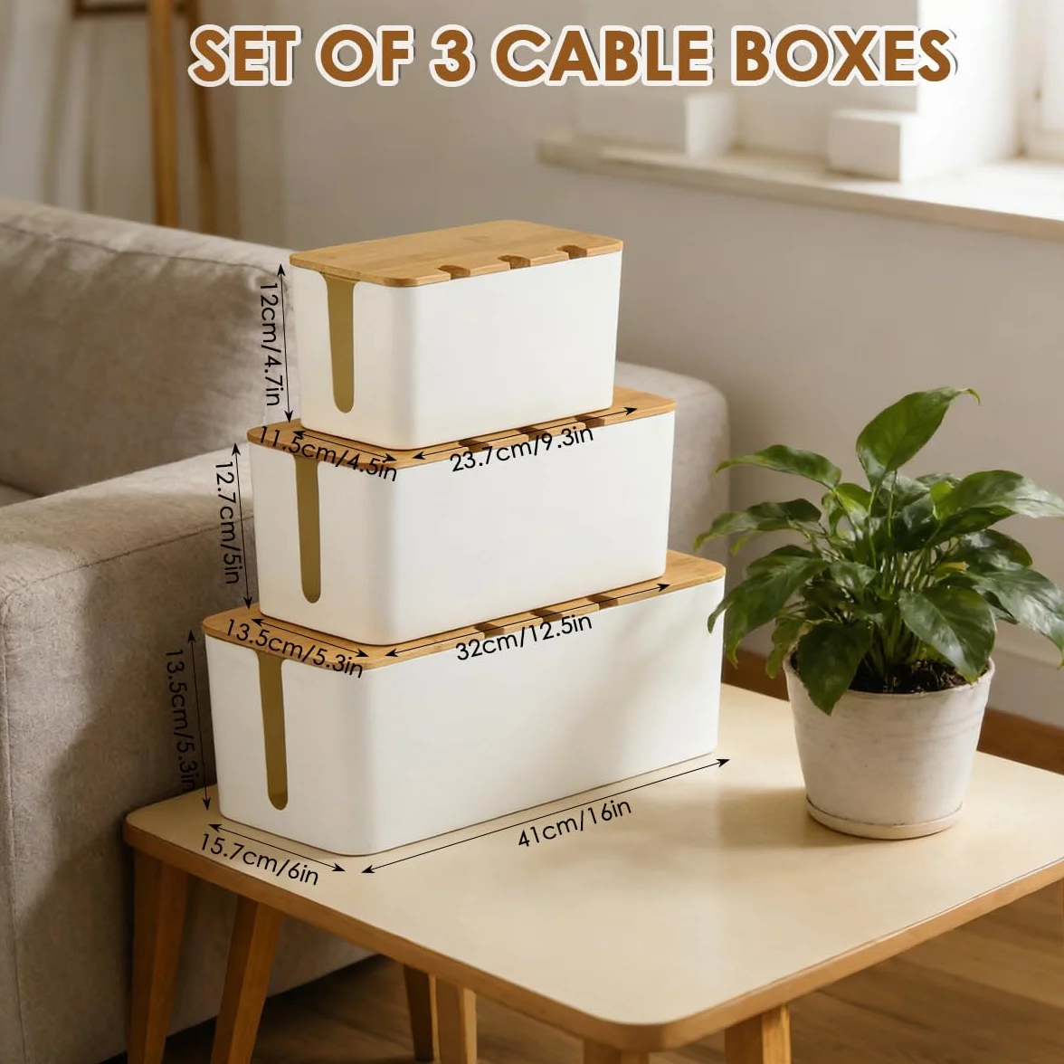 Boite Rangement Cable Bambou Lot 3 Blanc Cache Cable Multiprise Organiseur L/M/S