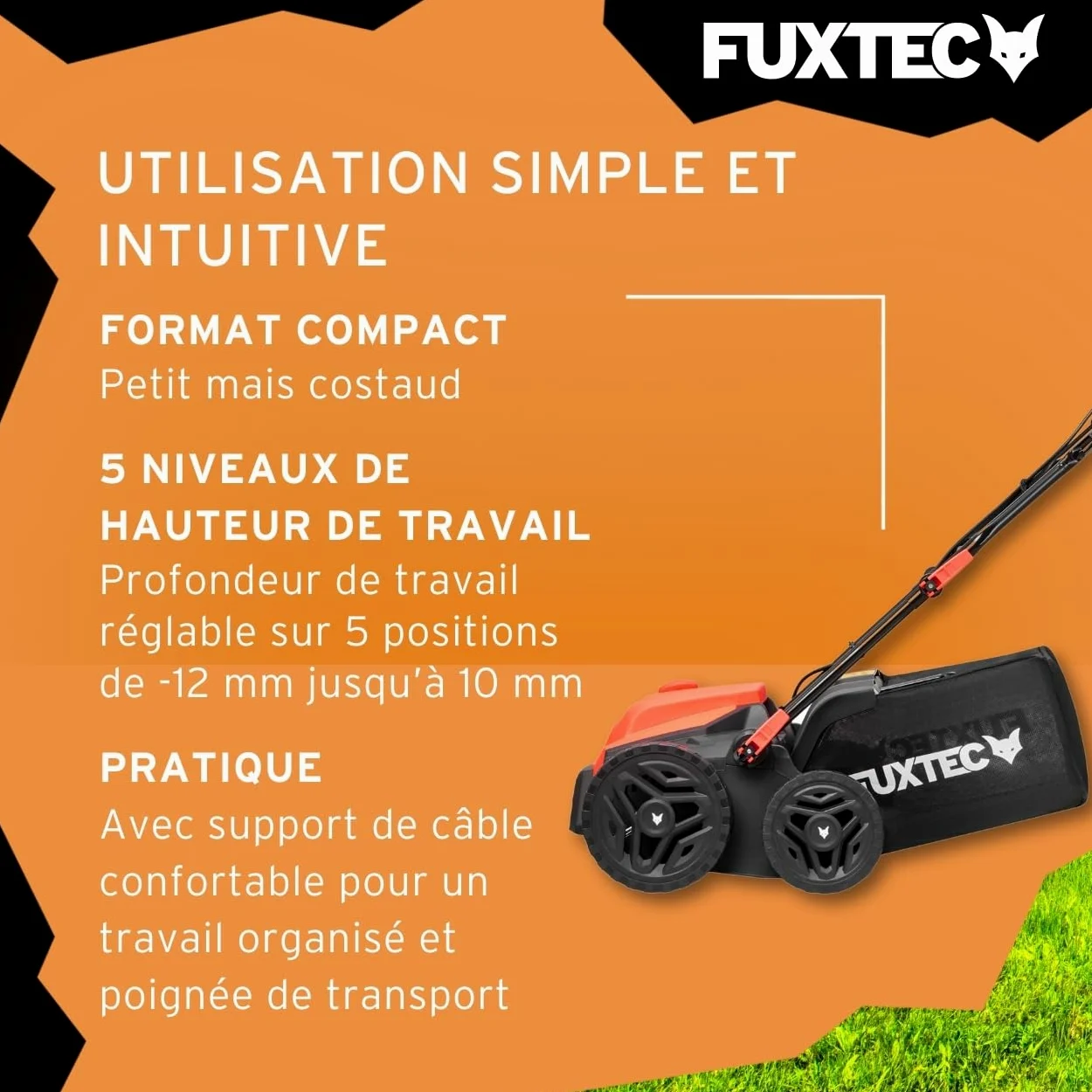 FUXTEC Scarificateur électrique FX-EV360, aérateur de gazon avec 1500 watts de puissance, largeur de travail 36 cm et réglage de la profondeur sur 5 niveaux, bac de ramassage 45 L