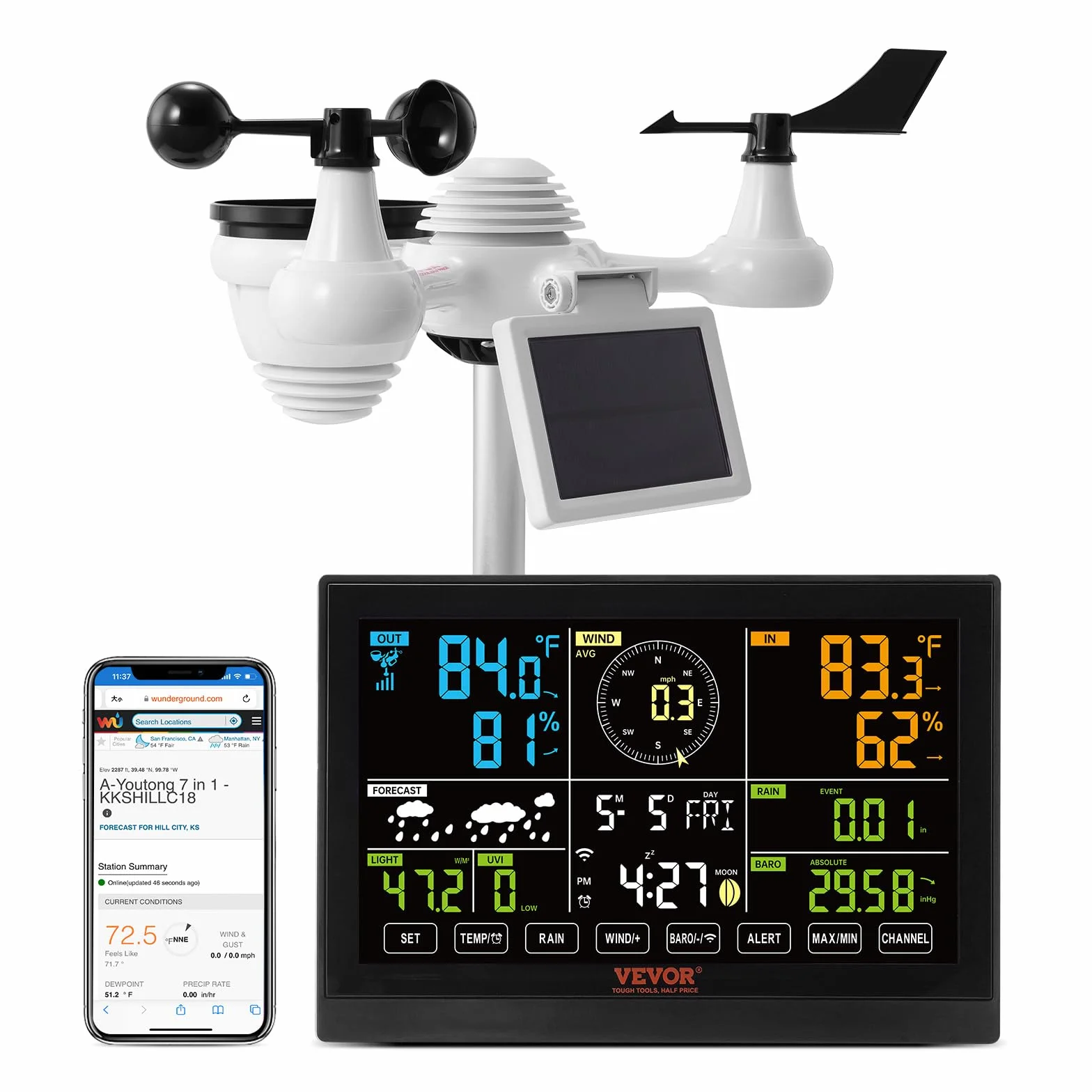 VEVOR Station Météo Wifi 7 en 1 Sans Fil Intérieur Extérieur Solaire Grand Écran 7,5 po Capteur Température Humidité Vent Pluie