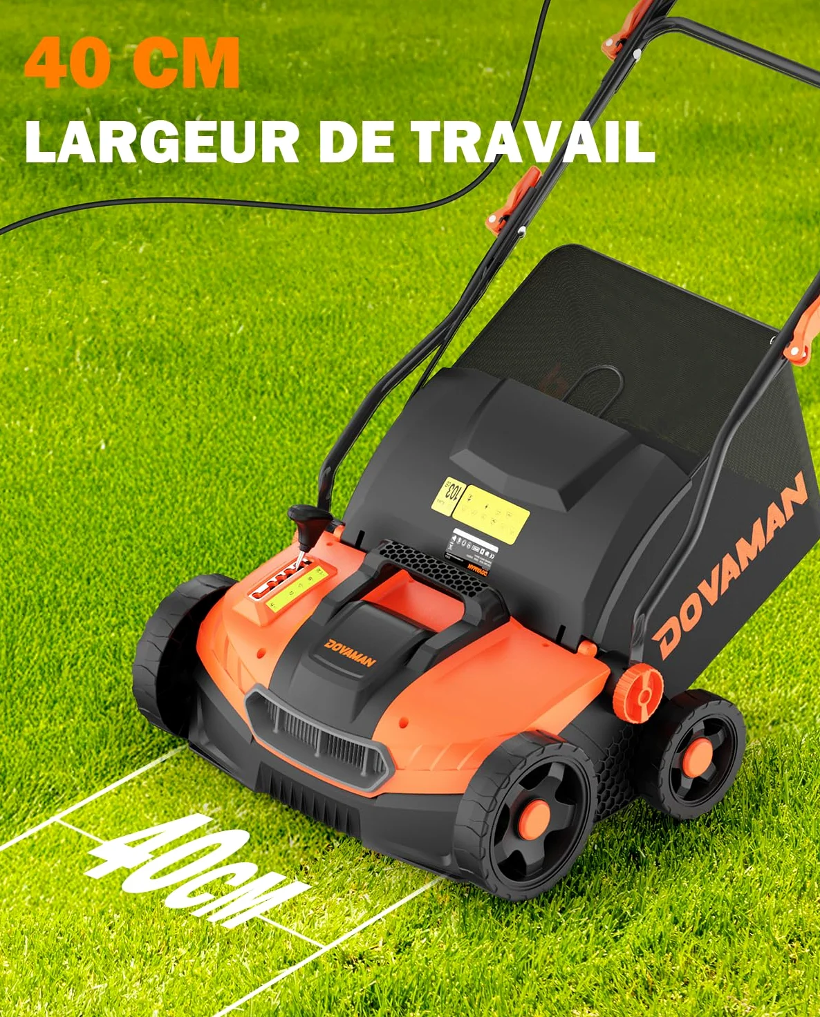 DOVAMAN DS16A 2-en-1 Scarificateur & Aérateur Électrique, 1500W, Largeur 40cm, 5 Profondeurs Réglables, Design Pliable, Bac 45L, Hauteur Réglable, Léger, Idéal pour Scarifier et Aérer
