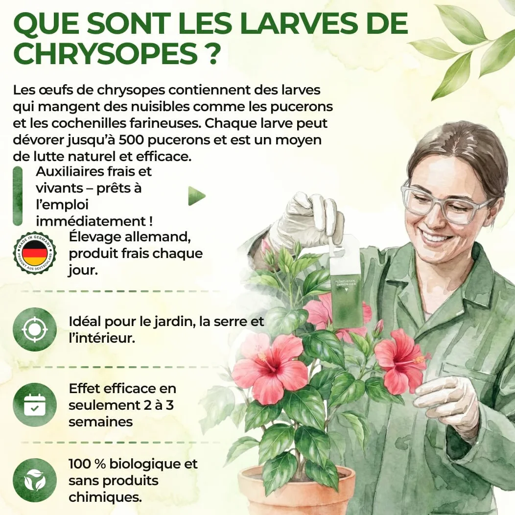 GREEN GUARDIA Power Lot de 15 sachets d'œufs de larves de chrysopes contre les pucerons et les cochenilles – Produit biologique pour lutter efficacement contre les pucerons et les cochenilles pour