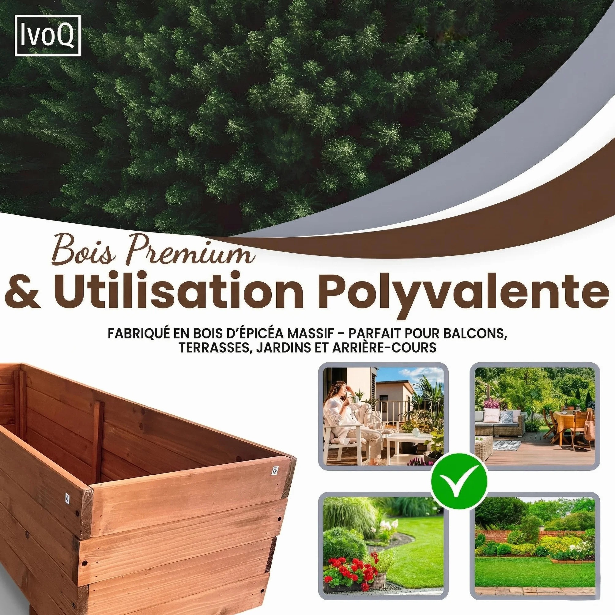 Jardinière en bois massif 120 x 40 x 32 cm FSC résistant aux intempéries