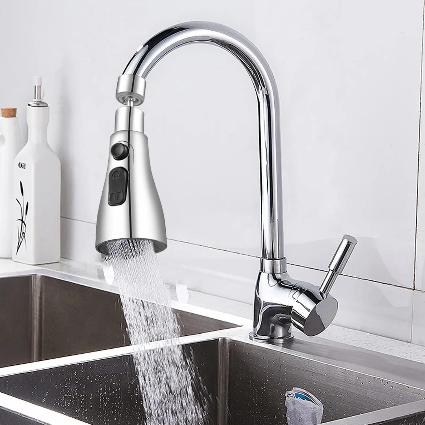 Douchette Evier Cuisine 360° Rotatif Mousseur Robinet 3 Modes Argent