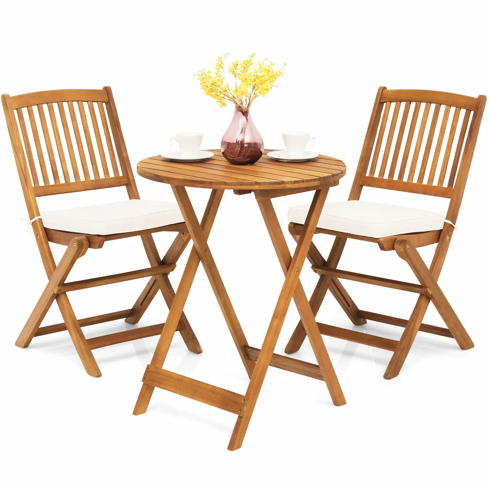 GIANTEX Salon de Jardin 2 Personnes Bois d'Acacia, Table Extérieure avec Chaise, Coussins Amovibles, Beige Naturel