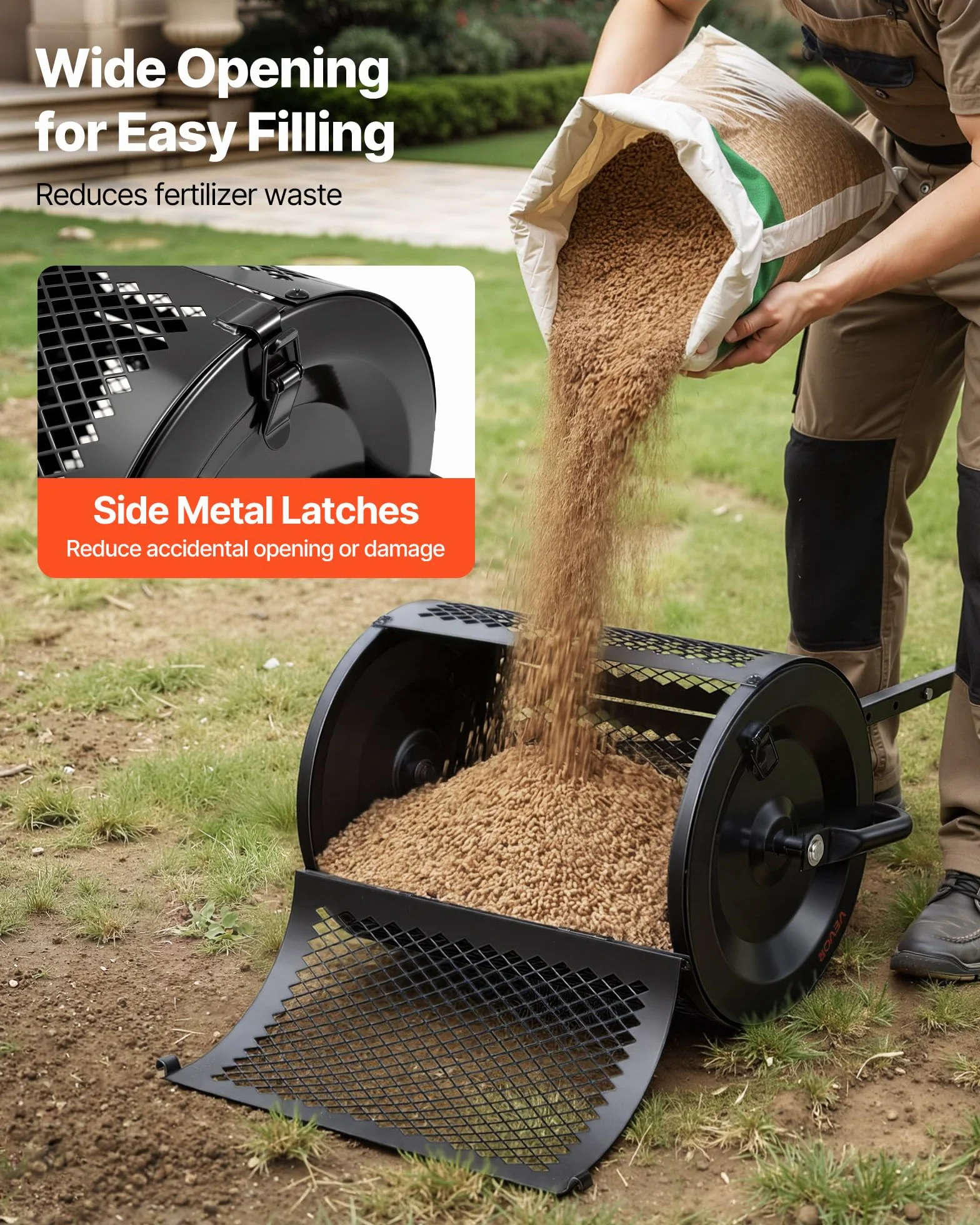 VEVOR Rouleau Épandeur à Compost 42 cm Épandeur Mousse de Tourbe à Rouleau Treillis pour Épandage Gazon Fumier Sel de Déneigement, avec Poignée en T, 3 Hauteurs Réglables, en Acier Thermolaqué, Noir