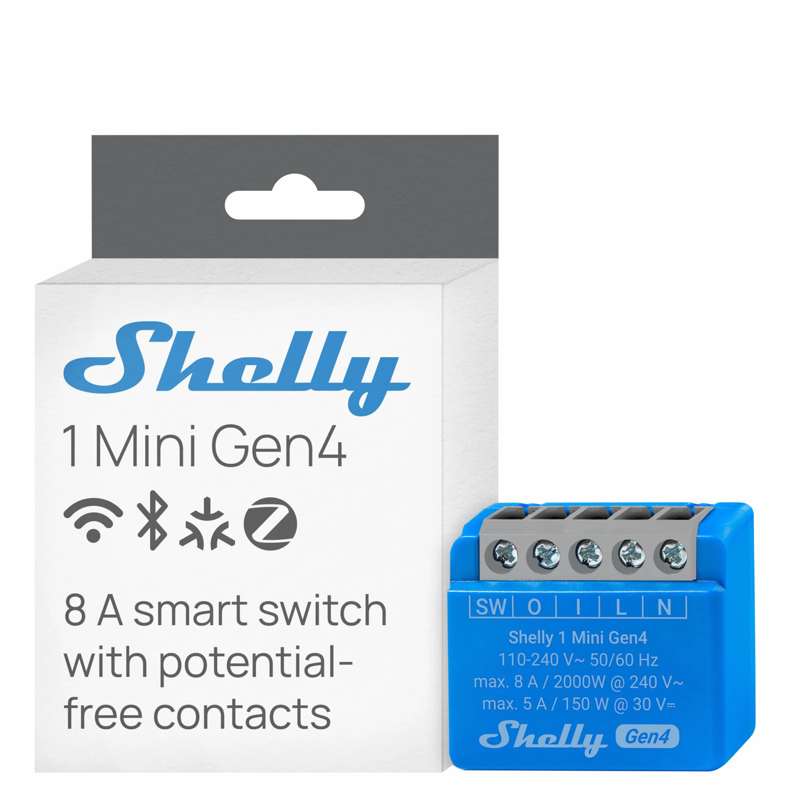 Shelly 1 Mini Gen4 Micromodule interrupteur Matter Zigbee Wi-Fi 1 Canal 8A Contacts secs