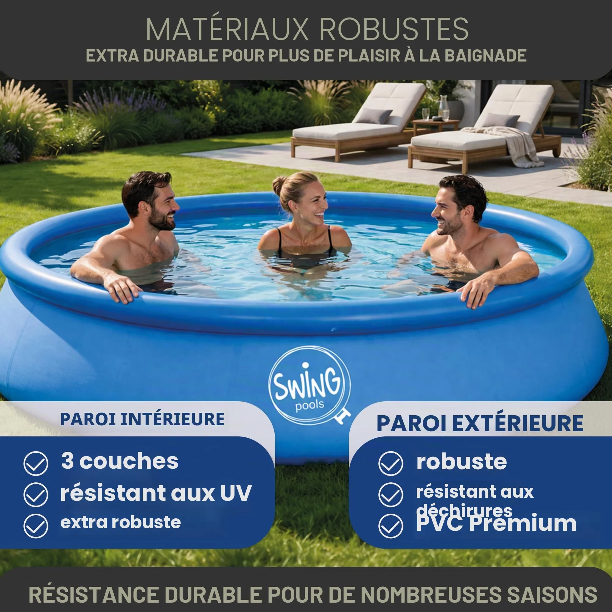 HAF Piscine Swing Quick-Up en gris (Ø 366 x 91 cm) - Environ 6 700 litres - Piscine autoportante (ronde) - Piscine gonflable de jardin pour enfants et adultes - Aucun outil nécessaire