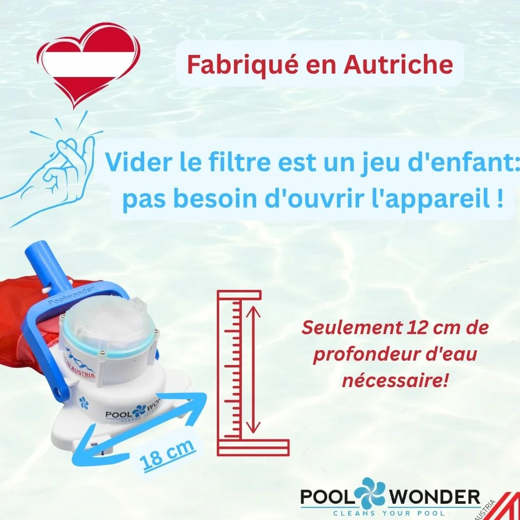 Poolwonder Cleverix Aspirateur pour Piscine à Batterie - Nettoyeur de Piscine Super Pratique Fabriqué en Autriche avec Poteau de Kit de Démarrage de 2 m