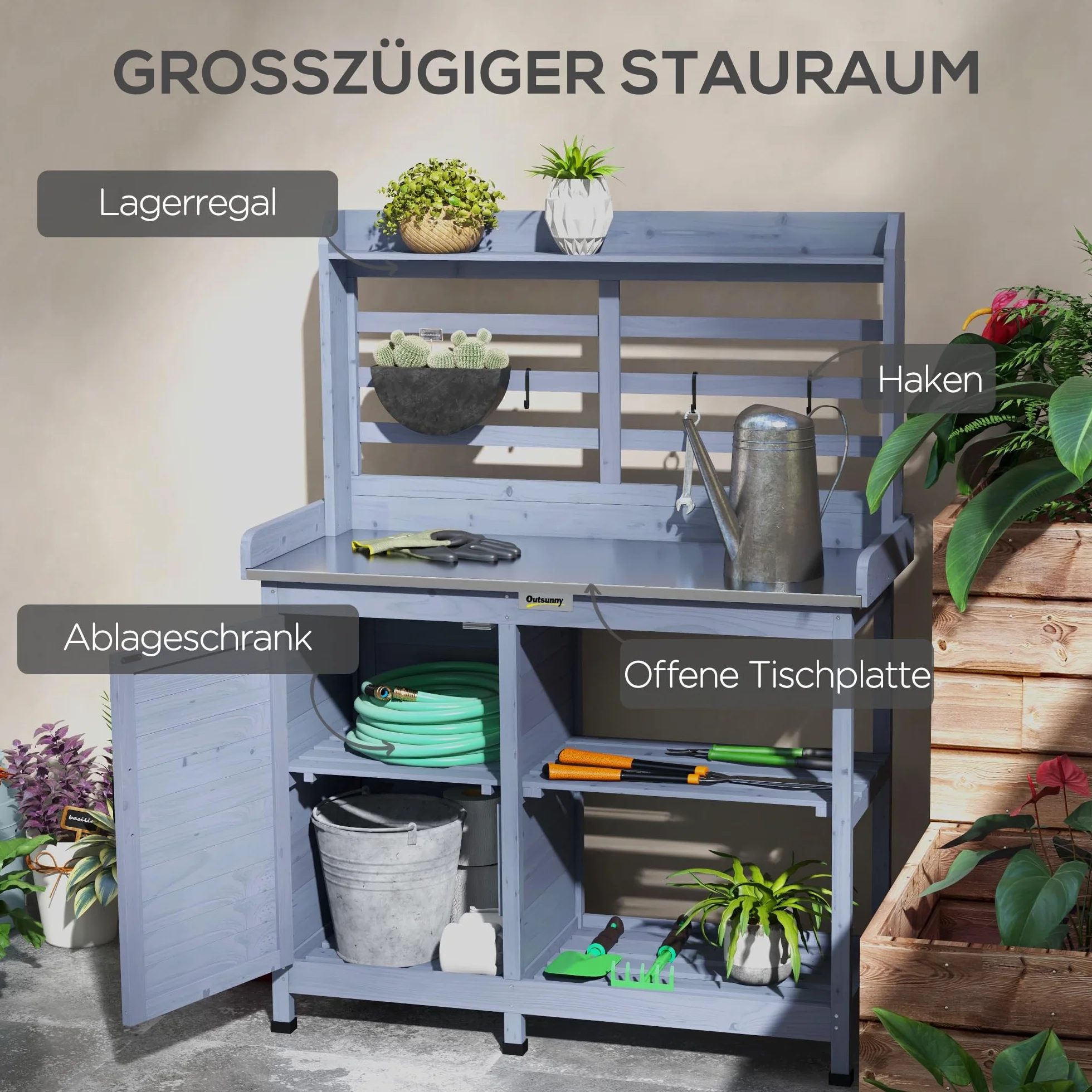 Outsunny Table de jardinage en bois avec armoire et étagères, 112 x 47 x 146cm, gris