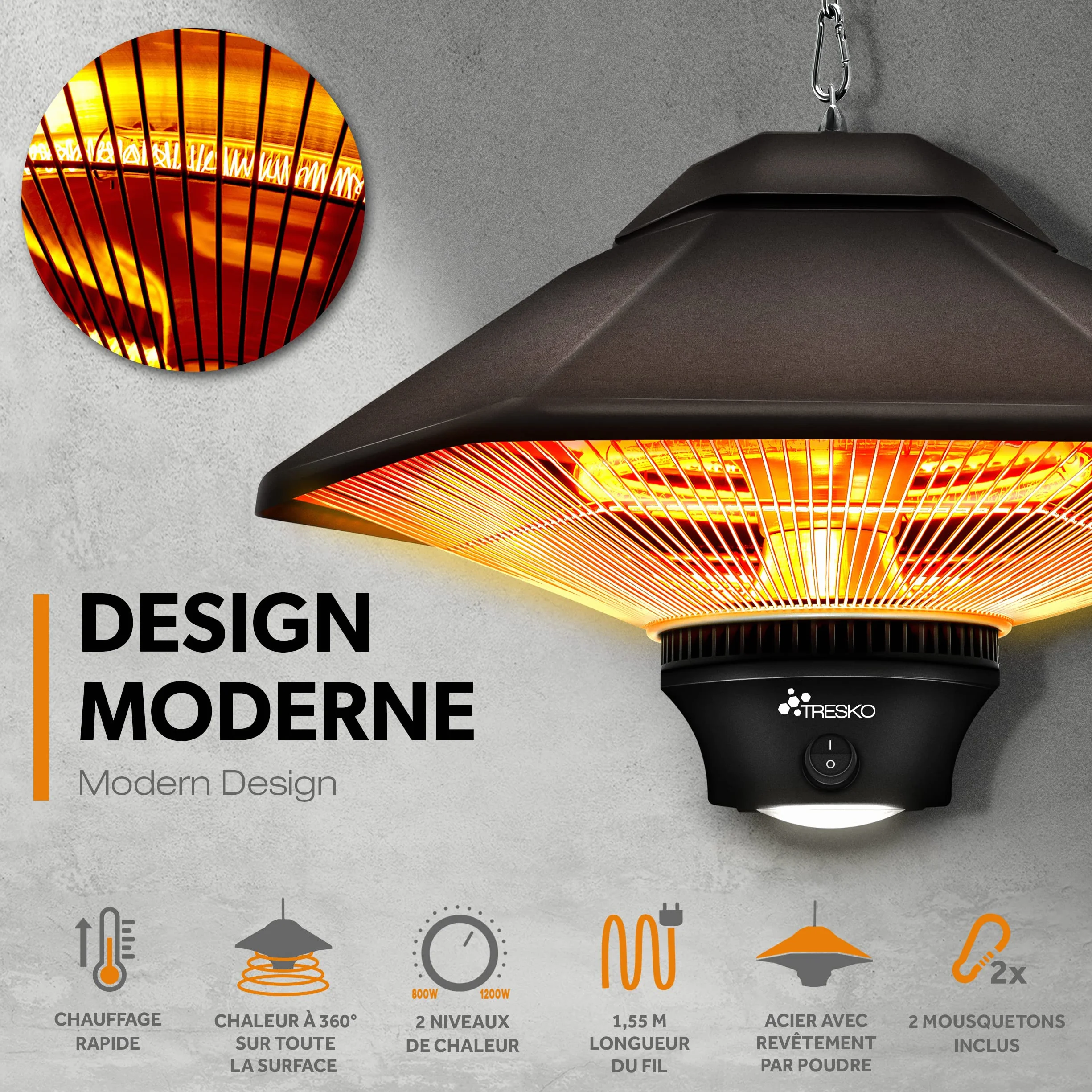 TRESKO Chauffage Radiant Mural Infrarouge 1200W Télécommande Affichage LED Radiateur Rayonnant Électrique Terrase Bronze
