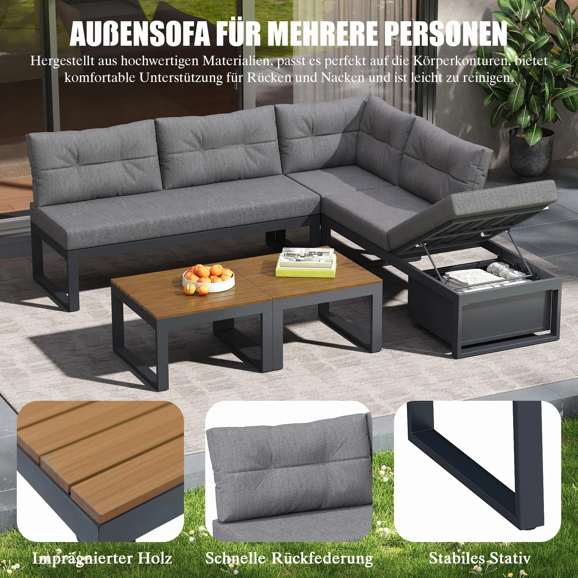 Salon de jardin d'extérieur multifonction, canapé d'angle modulable 5 places résistant aux intempéries, doté de dossiers réglables avec fonction d'inclinaison, d'un espace de rangement et de coussins