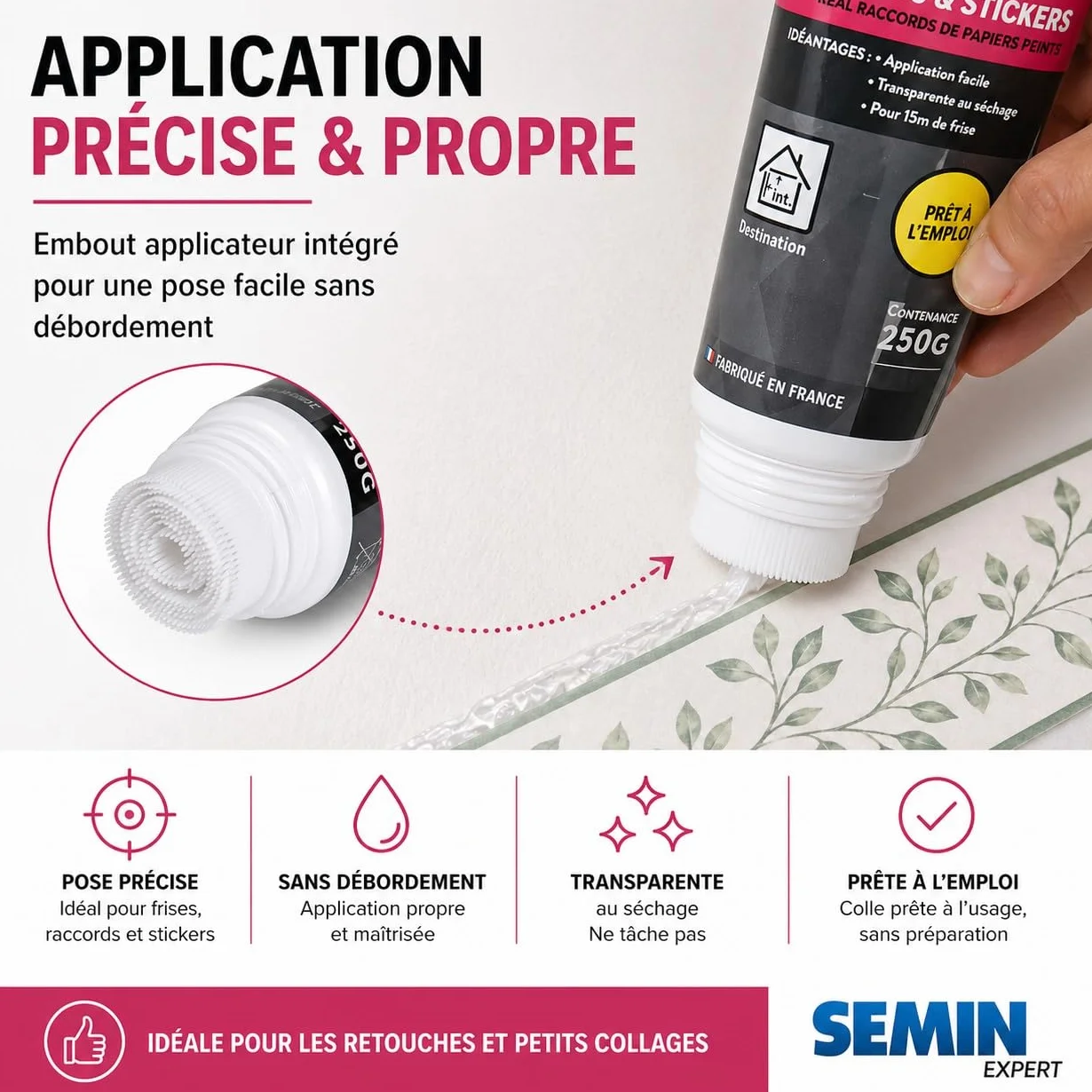 Colle pour Stickers Semin, Frises et Raccords Papiers Peints, Tube 250 g