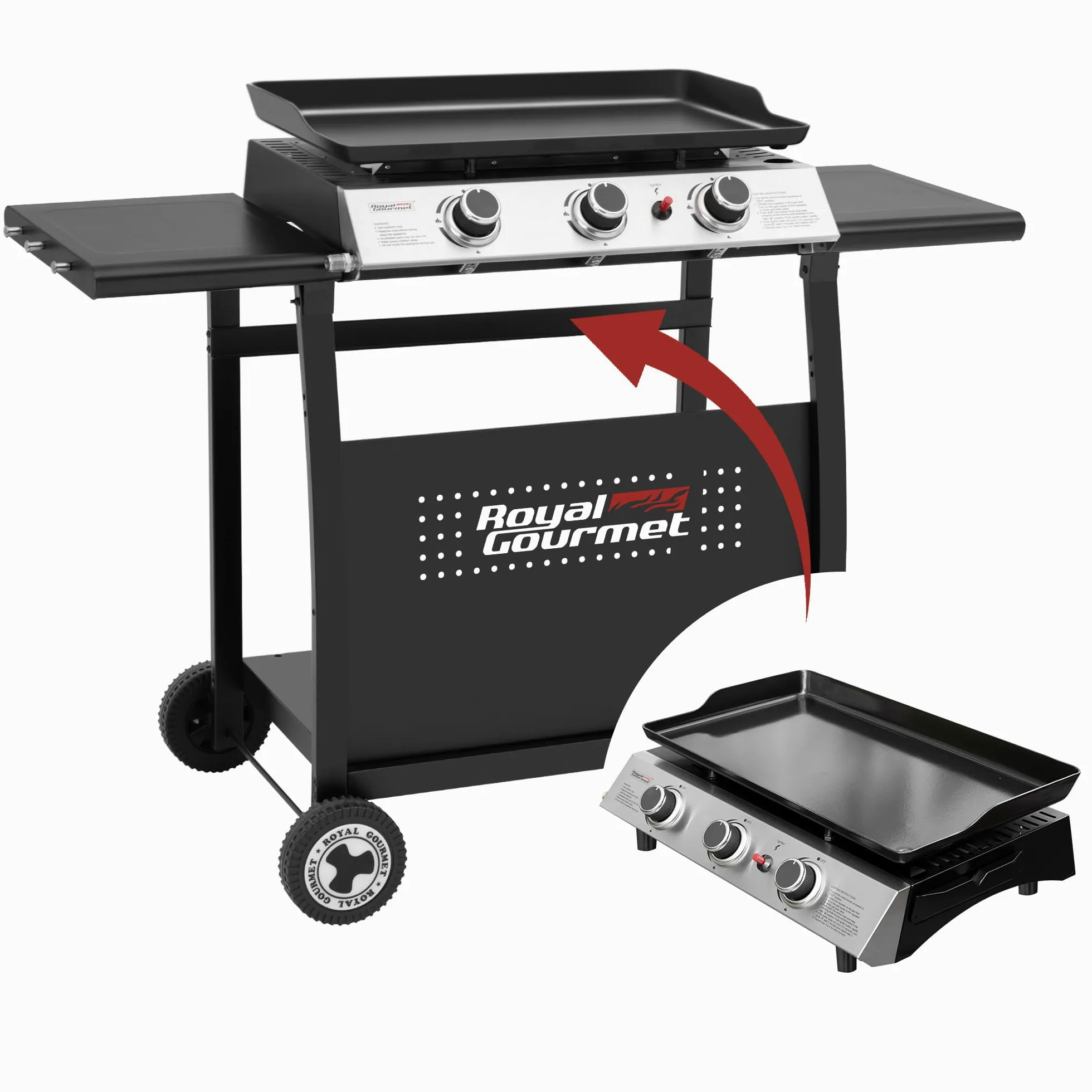 Royal Gourmet Plancha Gaz sur Chariot, 3 Brûleurs Puissance 7.5 kW, Plaque Amovible de Surface Cuisson 62,0 x 35,5 cm, Avec 2 Tablettes et 2 Roues, Portable pour Jardin et l' Extérieur, Noir