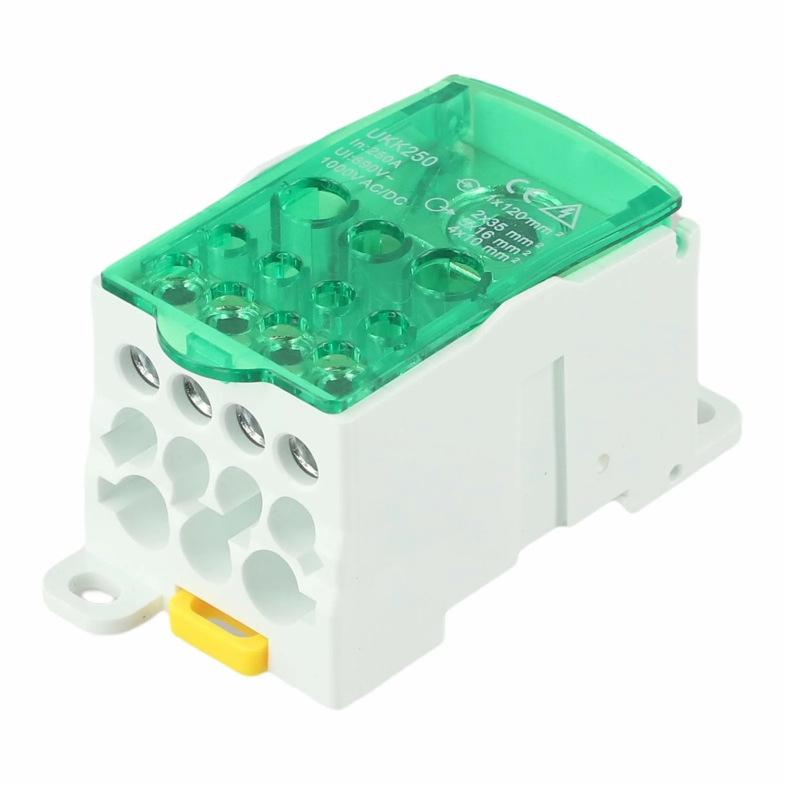Yhenlovtt Boîte de jonction bornier rail DIN 80 A - 500 A Connecteur distribution alimentation unipolaire vert PC ignifuge laiton étamé 250 A