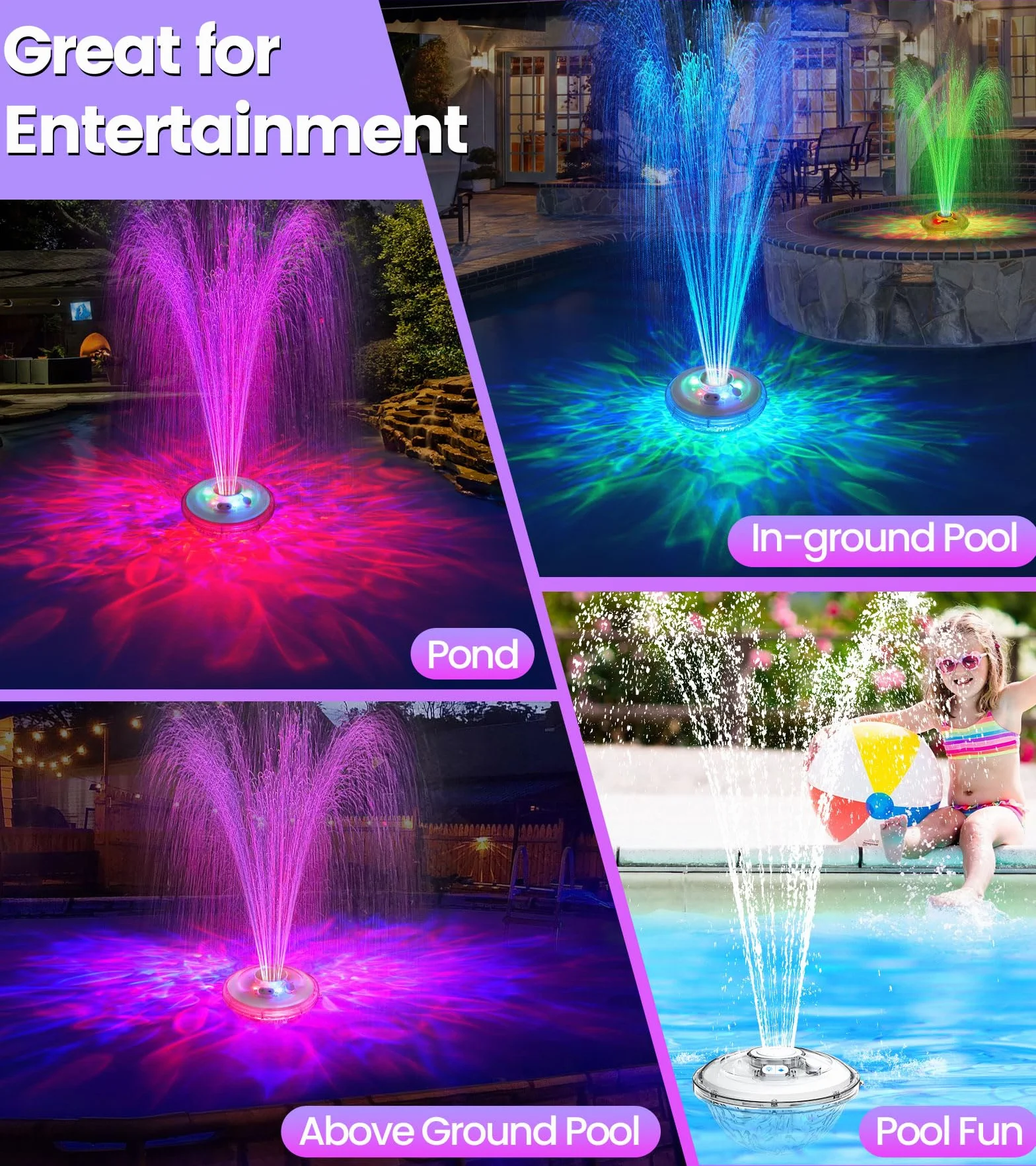 Fontaine Flottante Piscine avec Lumière Rechargeable, 2026, 6 Modes d'Éclairage, pour Piscine Hors Sol
