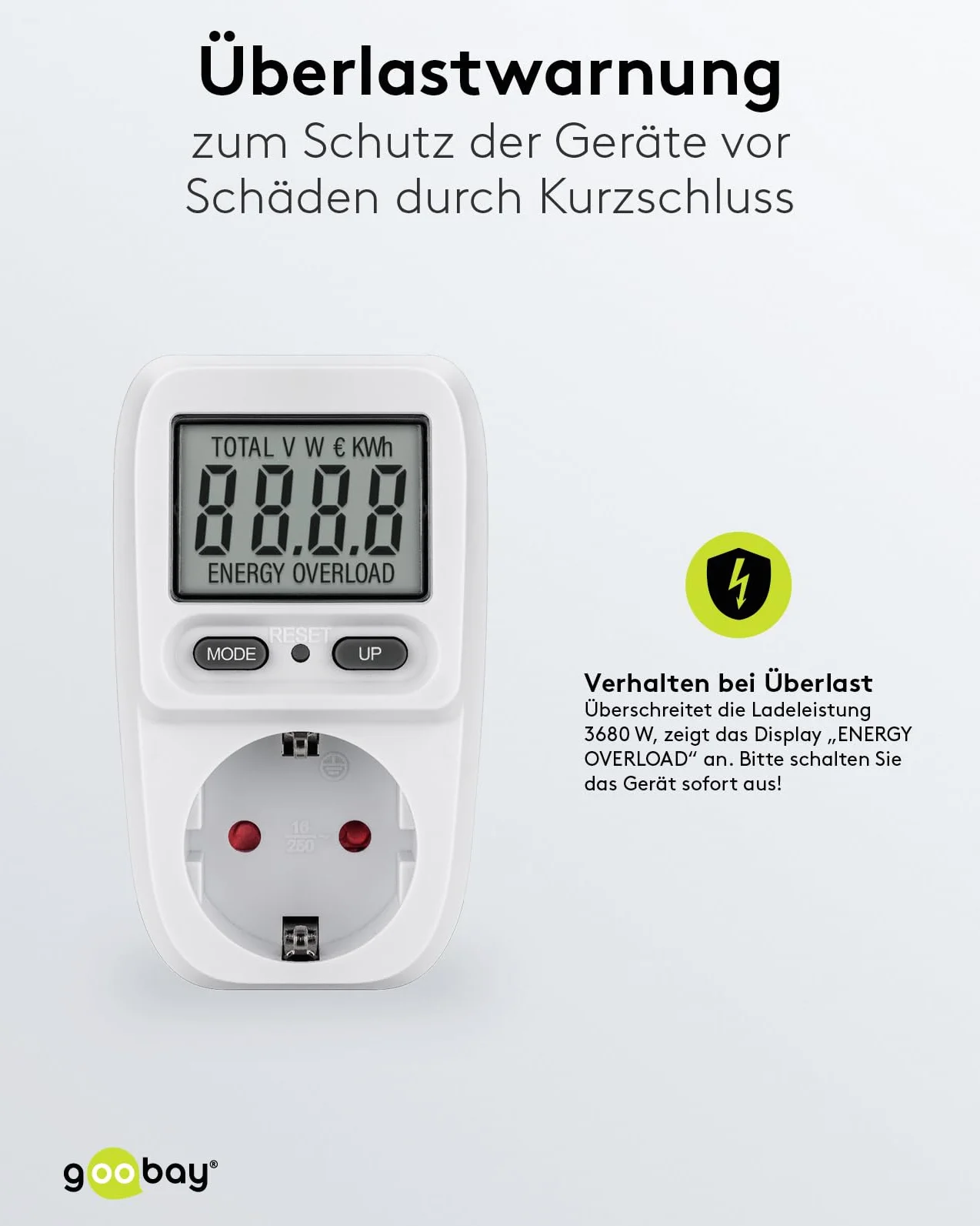 Goobay Compteur électrique prise de courant avec 5 modes d'affichage et indicateur des coûts