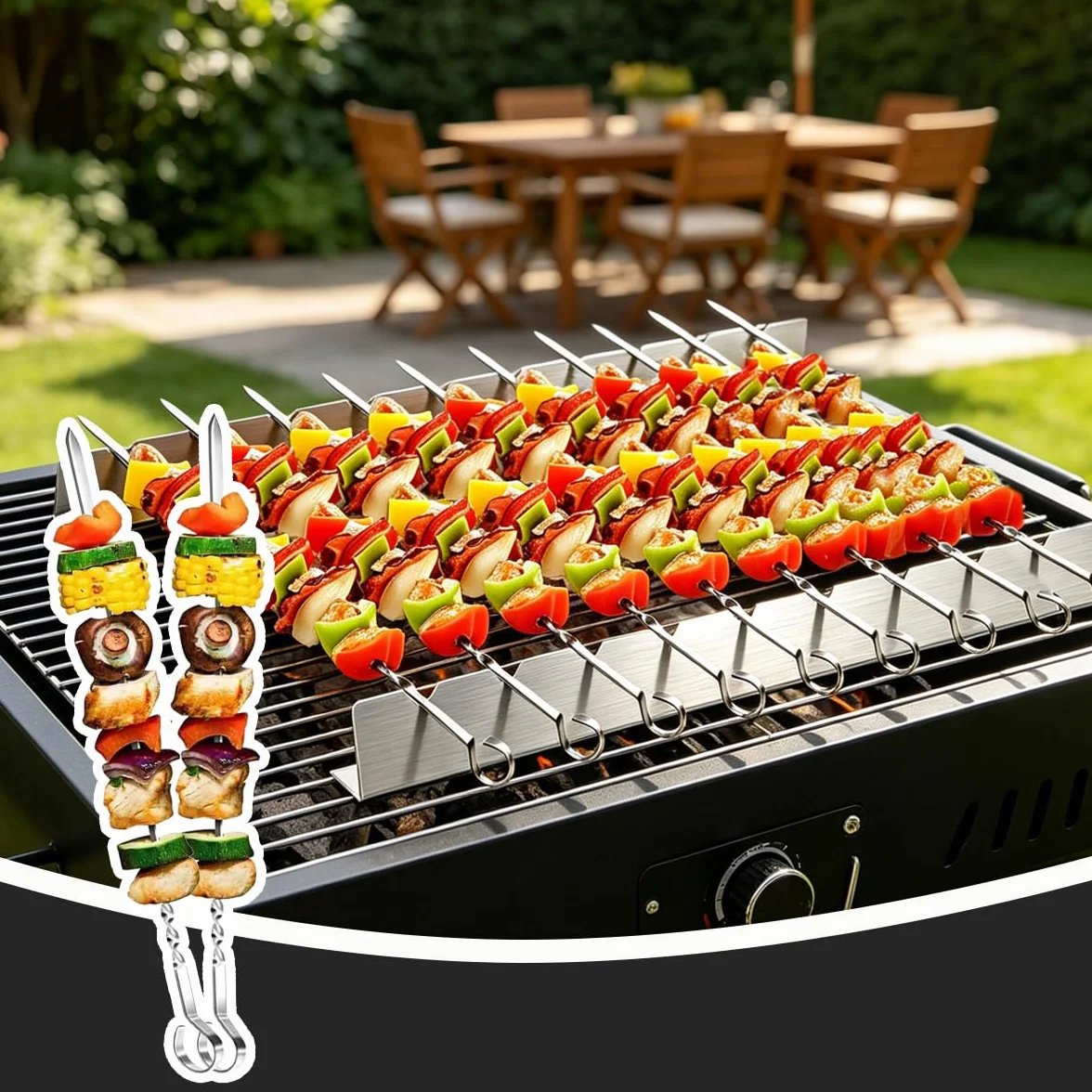 Set de 30 Brochettes Barbecue en Acier Inoxydable 40cm avec 2 Supports de Cuisson à 9 Encoches, Pique à Brochette Plate pour Grillade Jardin, Accessoire Barbecue Inox Lavable au Lave-Vaisselle