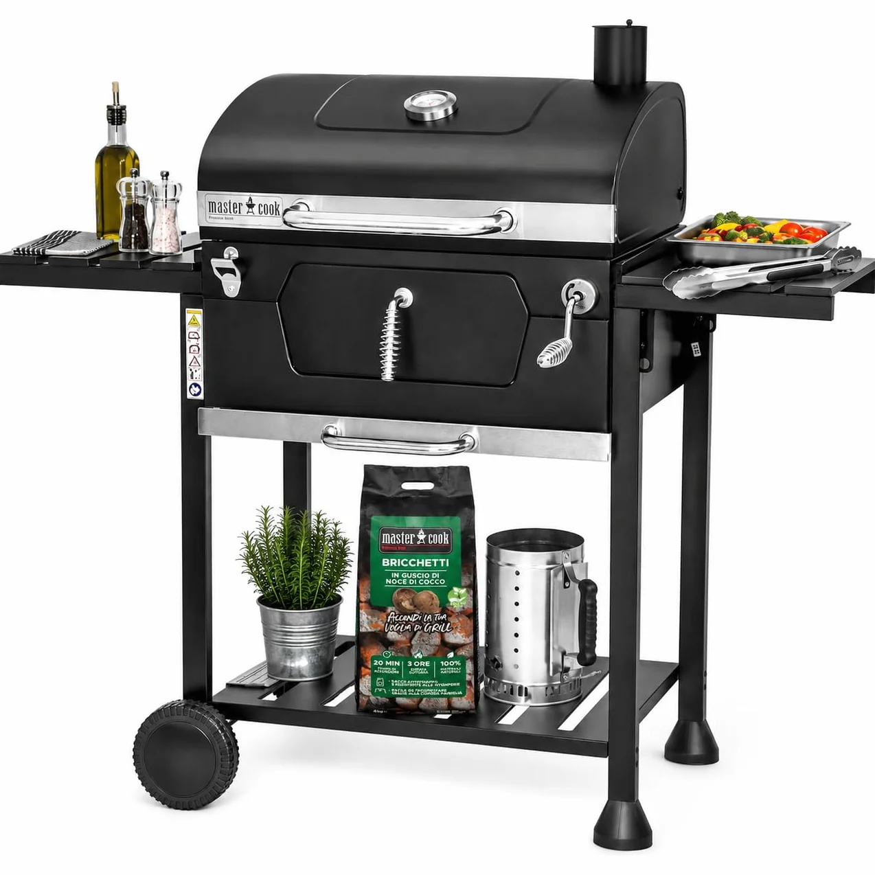BRIGROS La voglia di fare MasterCook Barbecue à charbon en acier avec roues robustes et stables avec double grille, thermomètre et réglage panier barbecue, barbecue charbon avec étagères latérales