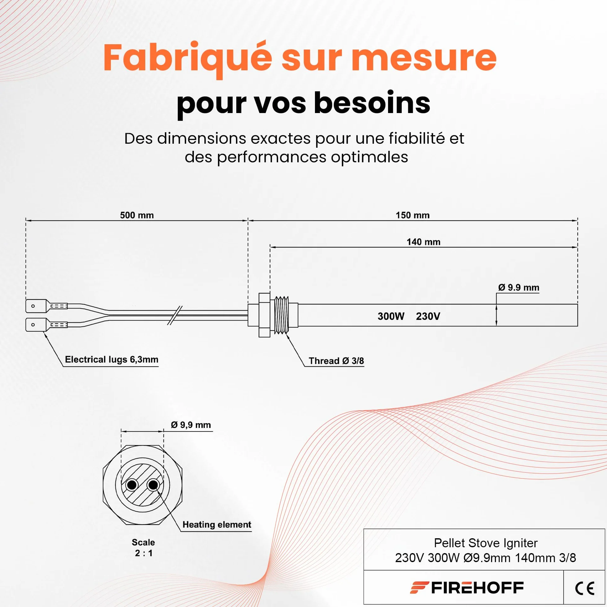 Bougie d'allumage 300 W 140 mm 9,9 mm filetage 3/8 2 cosses mâles 6,3 mm pour poêle à granulés