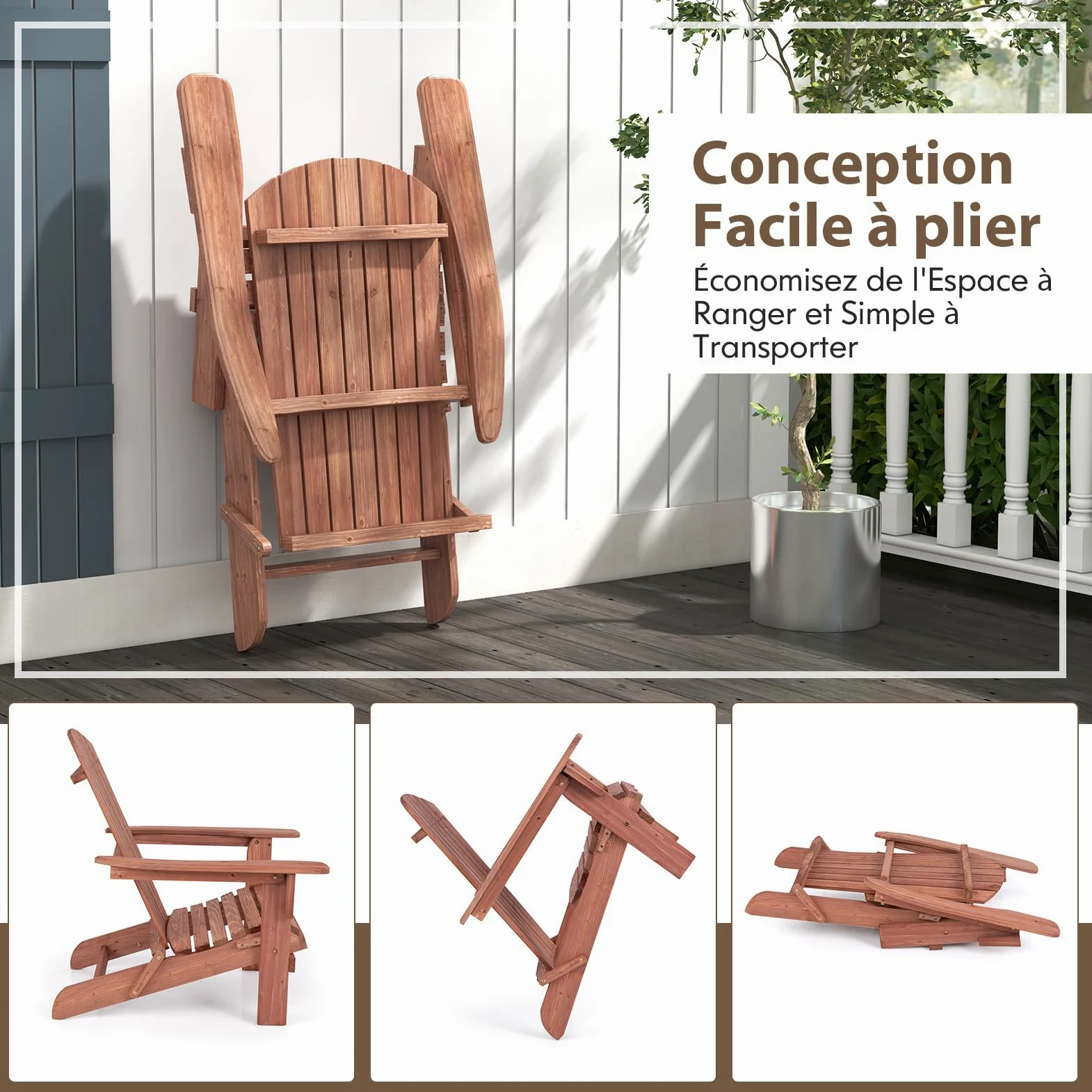 COSTWAY Chaise Adirondack en Bois de Sapin, Chaise de Jardin Exterieur Pliable, Siège à Lattes, Dossier Incliné et Haut, Fauteuil Exterieur pour Jardin Pisine Terrasse, Charge 180 KG, Marron