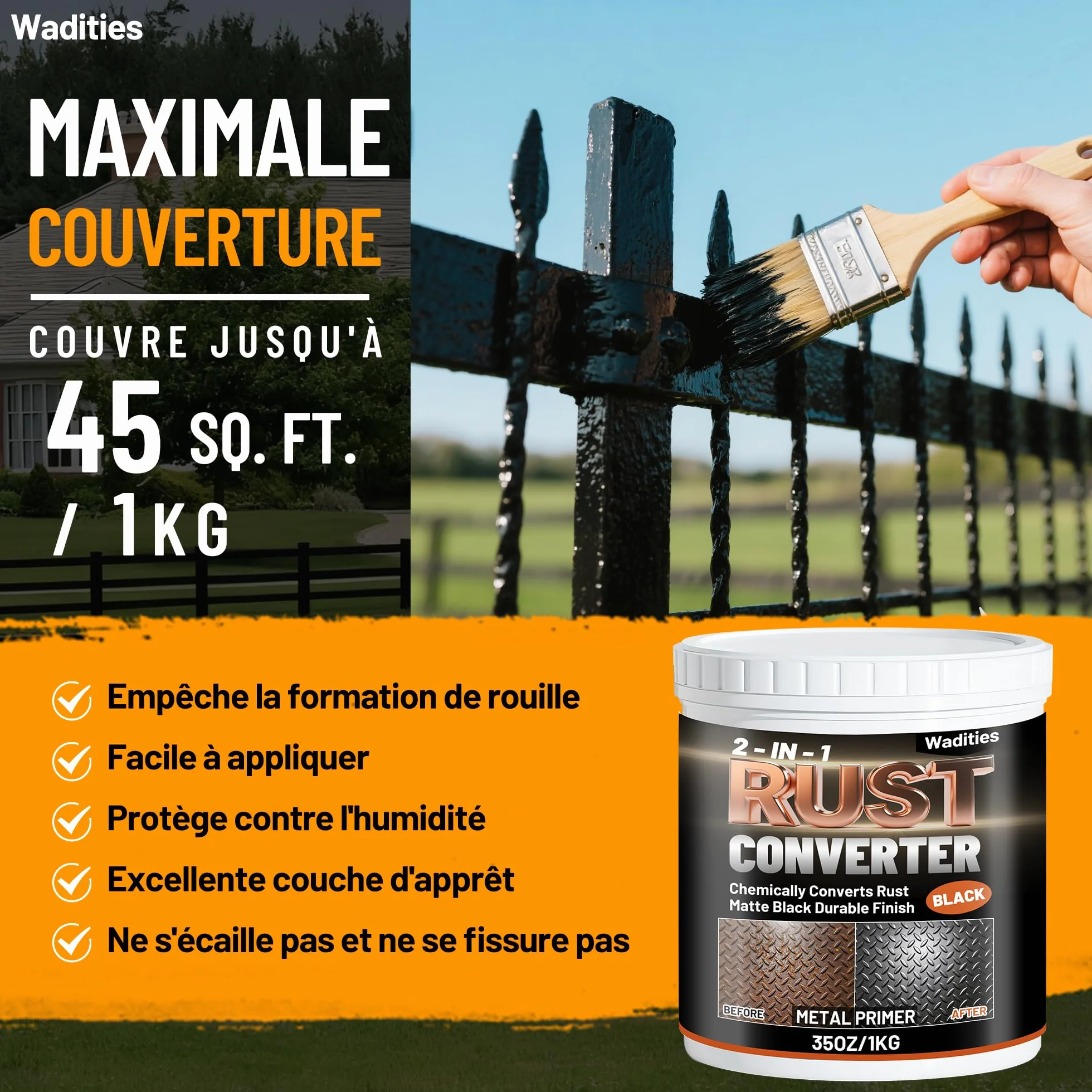 Wadities Convertisseur de rouille et apprêt métallique 2 en 1, 1kg peinture antirouille noire mate pour métal