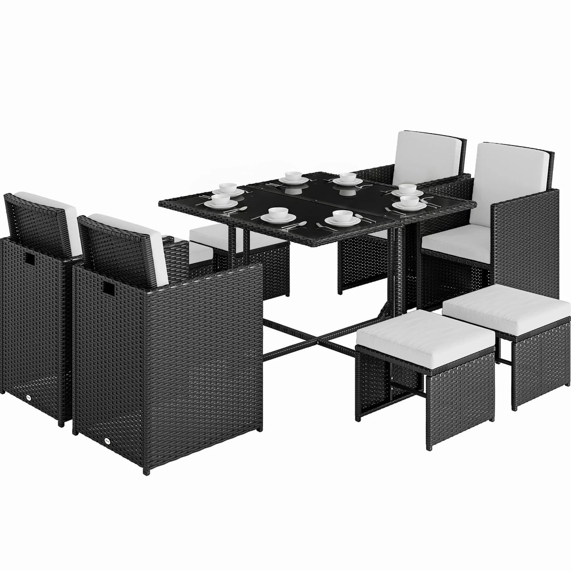 Outsunny Ensemble Salon de Jardin encastrable 8 Personnes 9 pièces résine tressée 4 Fils Imitation rotin Noir Coussins déhoussables crème