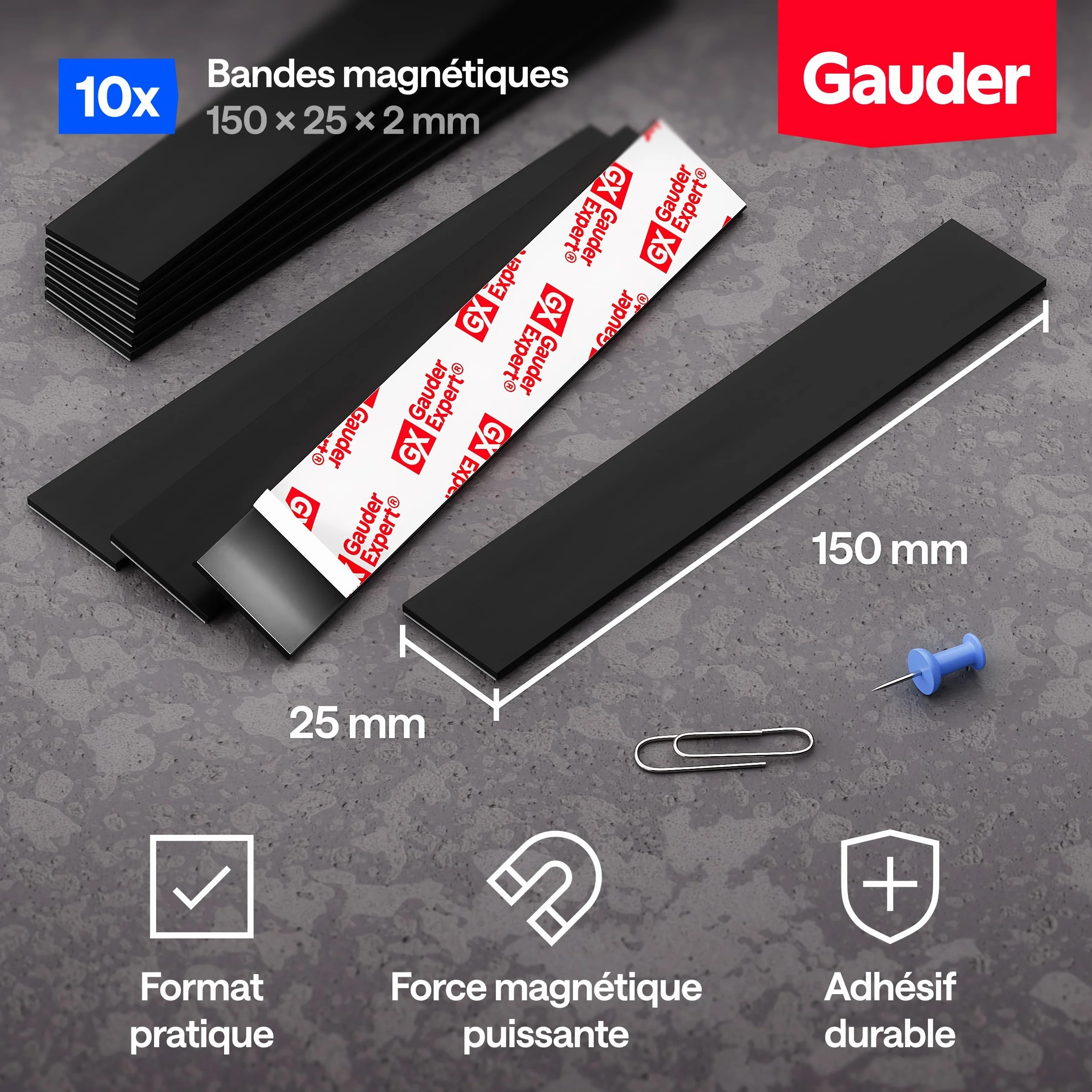 GAUDER Bandes Magnétiques Autocollantes 15 cm x 25 mm x 2 mm 10 Pièces