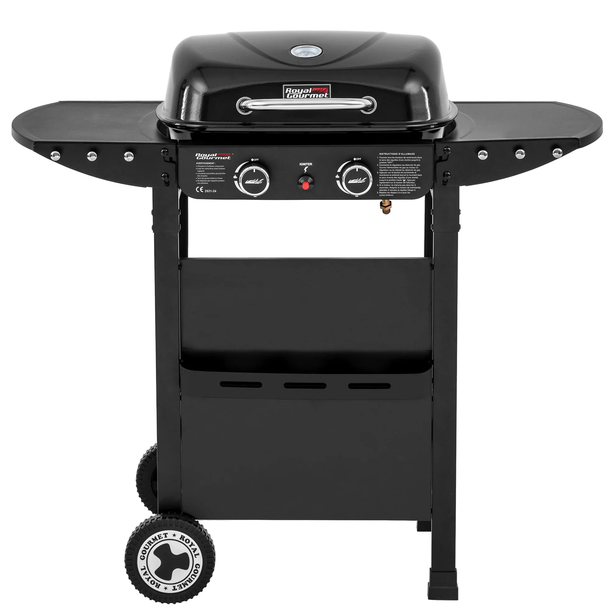 Royal Gourmet 2 Brûleurs Barbecue Gaz sur Chariot, 2 en 1 Plaque et Grille Combinés avec Tables Latérales Pliables et Couvercle, Puissance 5kW, Adapté pour Jardin et Camping, Noir