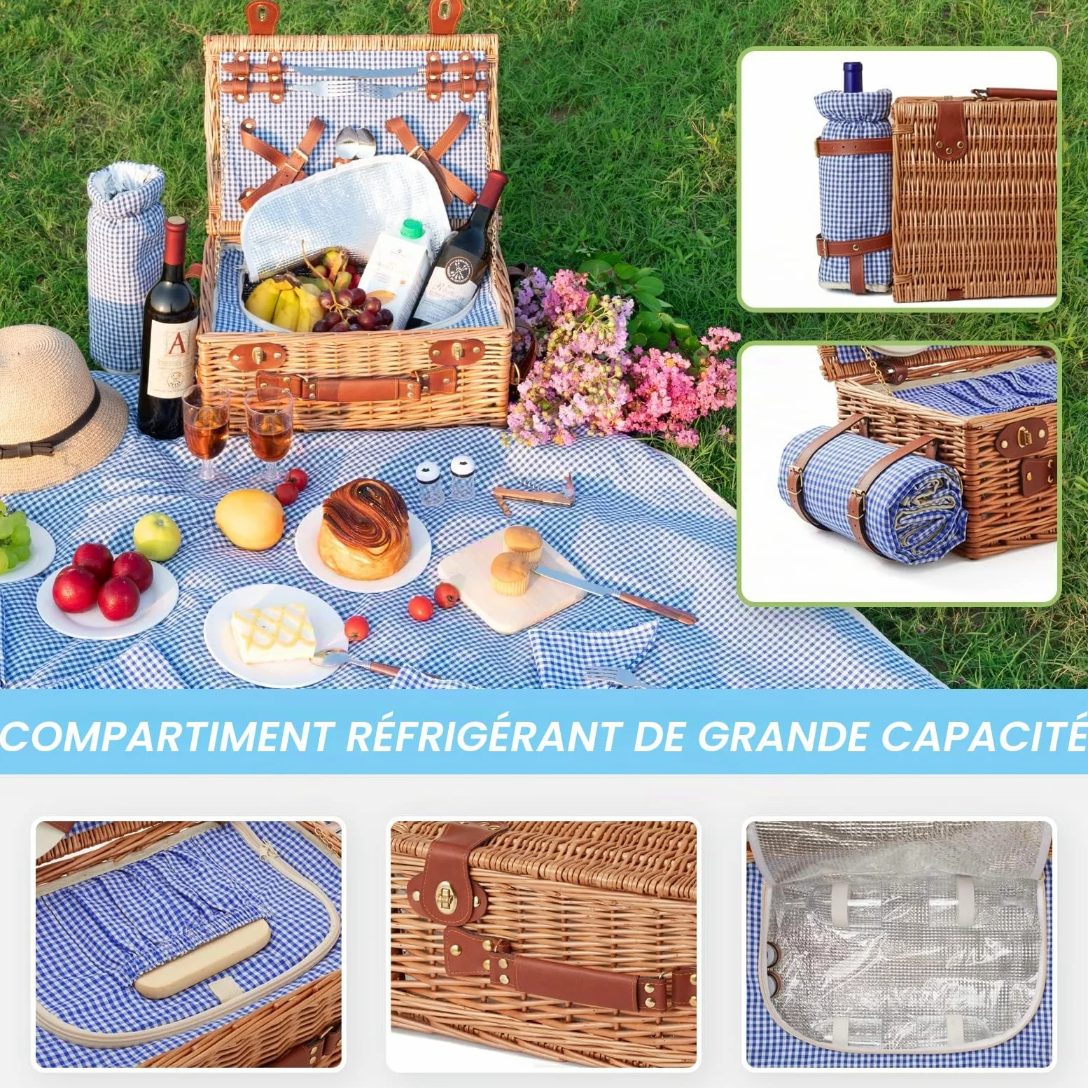 Panier de pique-nique en osier pour 4 personnes avec compartiment isotherme et couverture de pique-nique imperméable, sangle amovible, sac à vin, la randonnée, le barbecue et les couples