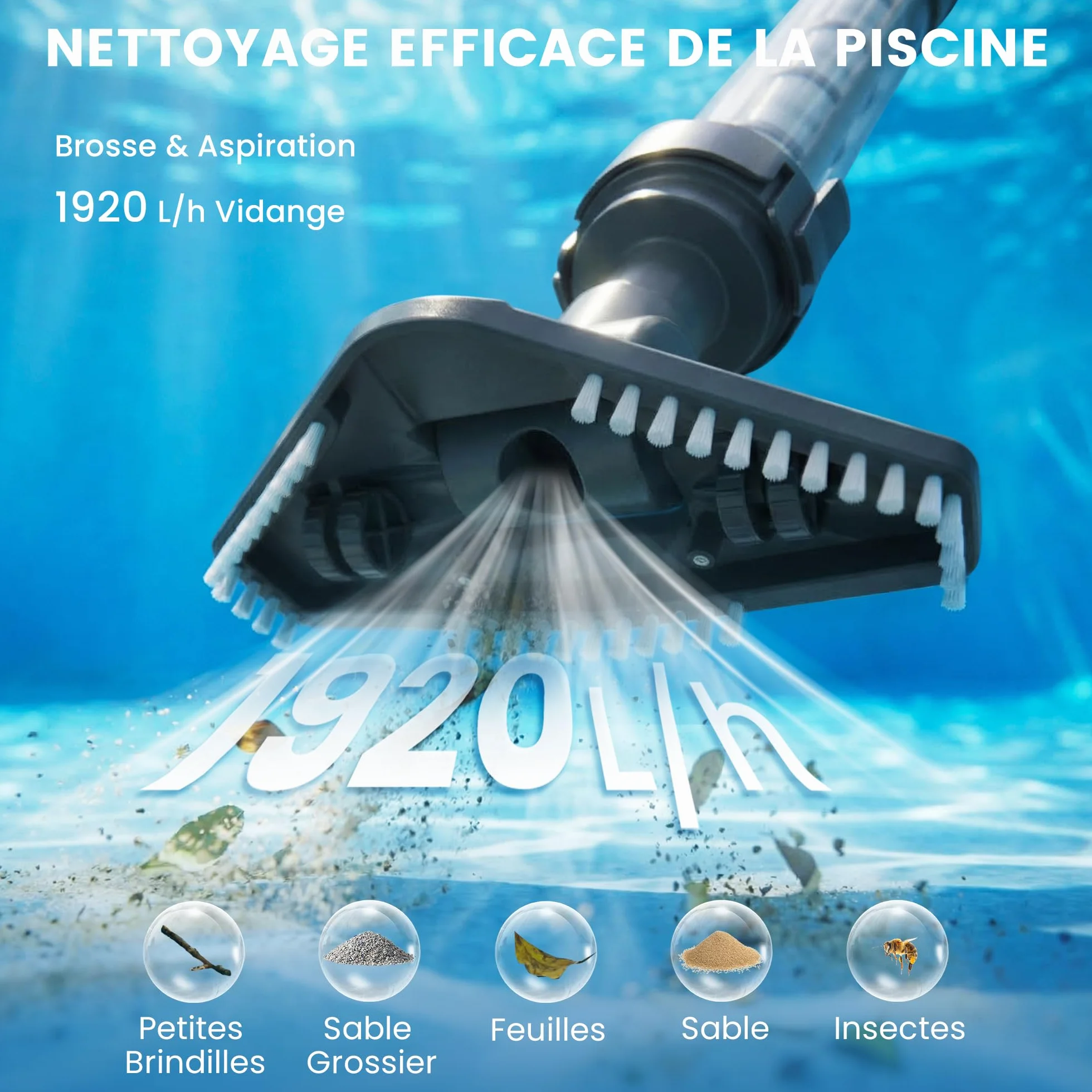 Aspirateur Piscine sans Fil, Aspirateur de Piscine Manuel avec jusqu'à 60 Min d'autonomie, Nettoyeur Piscine avec Manche Télescopique pour Spa, Bain à Remous, Petite Piscine Hors-Sol et Pataugeoire