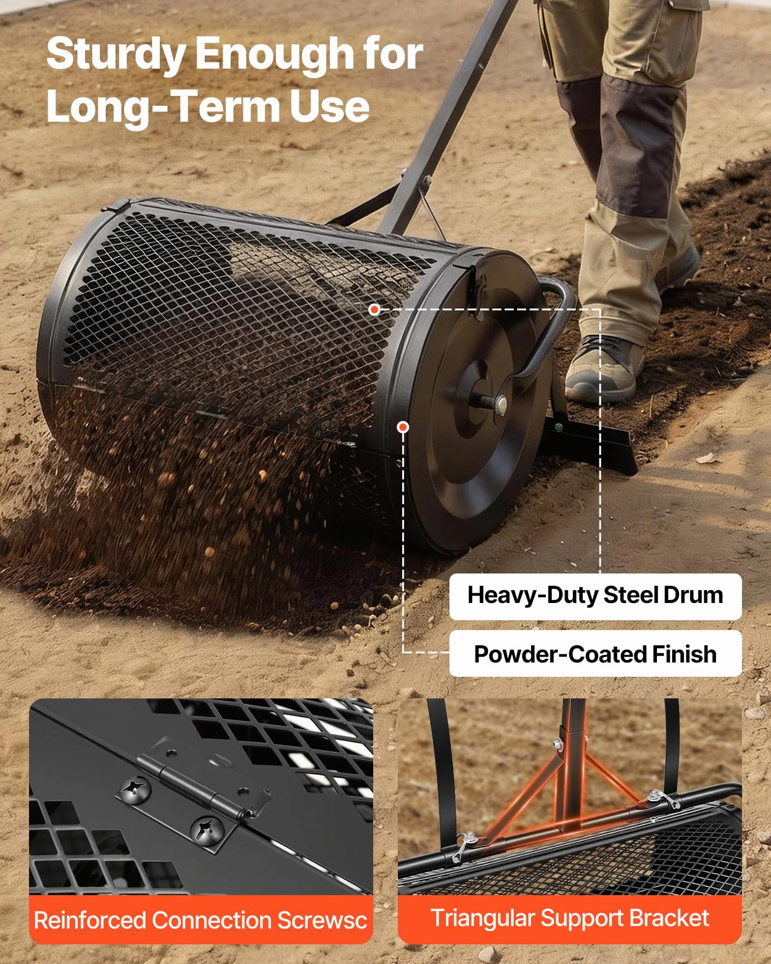 VEVOR Rouleau Épandeur à Compost 61 cm Épandeur Mousse de Tourbe à Rouleau Treillis pour Épandage Gazon Fumier, avec Poignée à Pousser et à Remorquer, 4 Hauteurs Réglables, Acier Thermolaqué, Noir