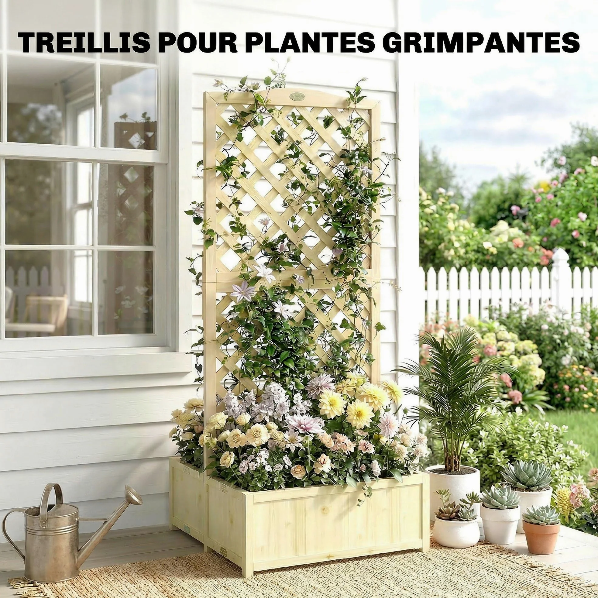 Outsunny Jardinière avec Treillis en Bois Massif - Carré Potager Pliable avec Double Bac à Fleurs - Lit de Jardin 170cm de Haut pour Plantes Grimpantes sur Balcon, Terrasse Brise-Vue, Naturel