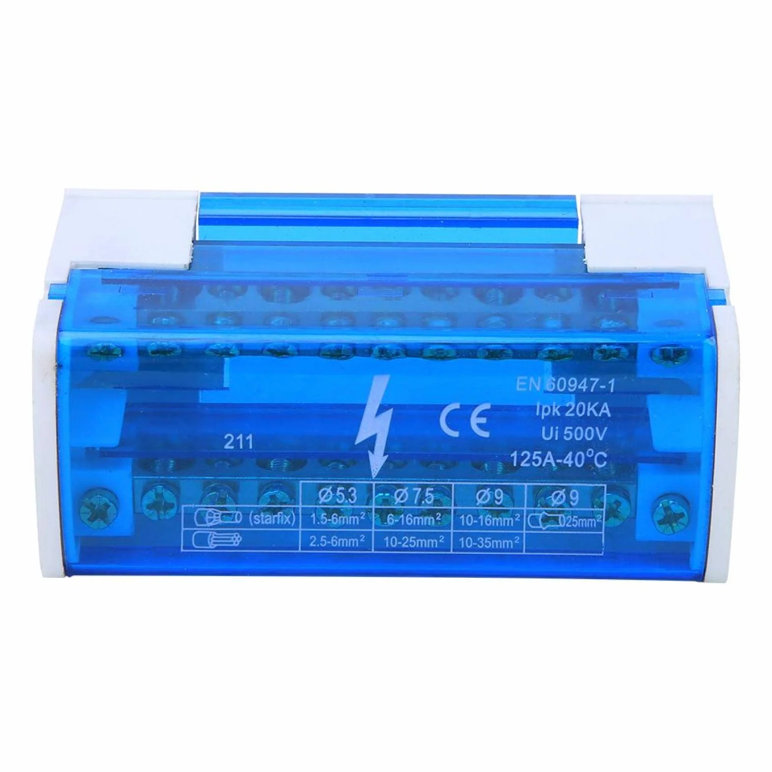 Boîte de Distribution de Bornes 125A 500V 2x11 Positions Rail DIN Monophasé 2 Niveaux avec Cache Anti-poussière