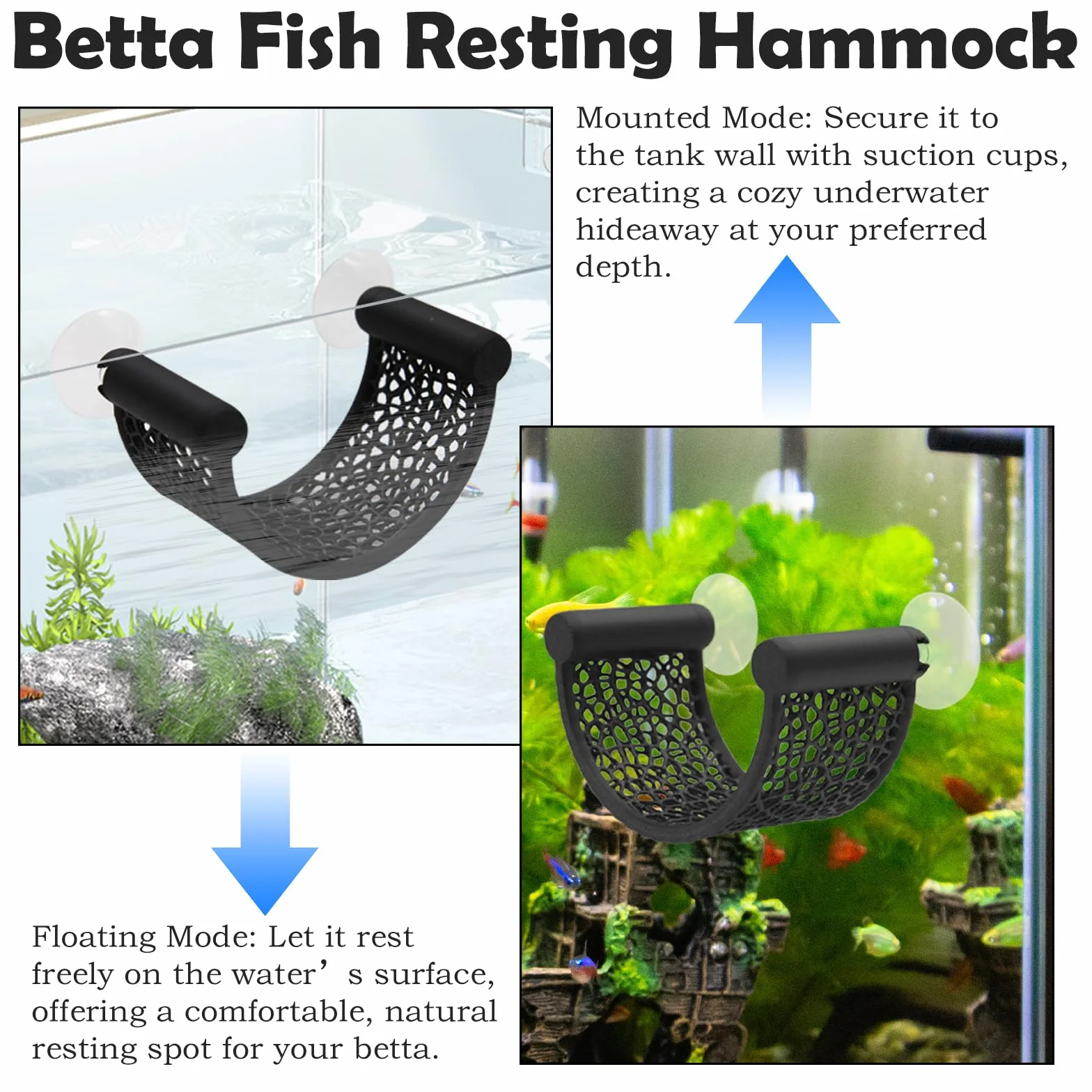Lot de 1 hamacs pour Betta – Reposoir Flottant en Forme de U avec Ventouse – Décoration d'aquarium pour Petits bacs – Accessoires pour Aquariums de Table (Betta, crevettes) – Noir