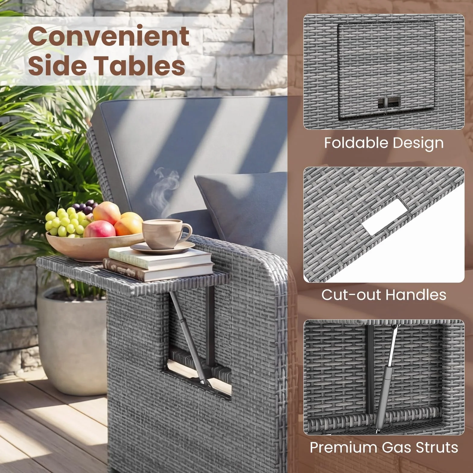 GIANTEX Canape Exterieur Jardin 2 Pièces, Canapé de Jardin 2 Places en Rotin PE, Ottoman de Rangement, Dossier Réglable, Tables d'Appoint Rétractables, Coussins Doux, pour Porche, Patio, Gris